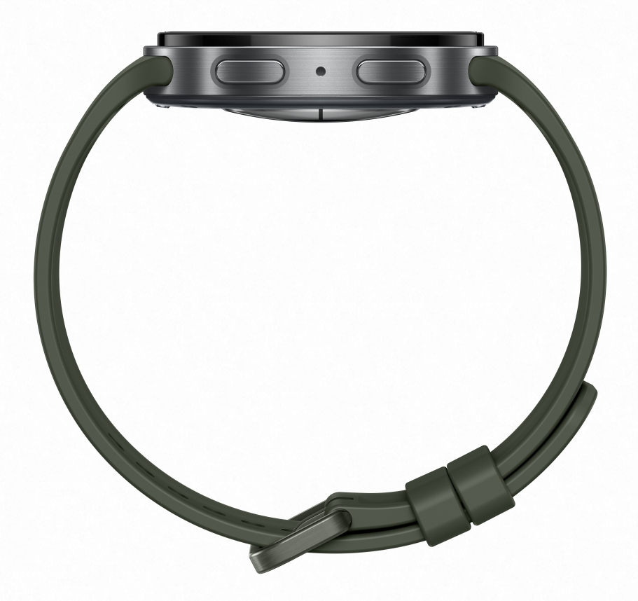 Szary smartwatch z zielonym paskiem i metalową klamrą, widok z boku.