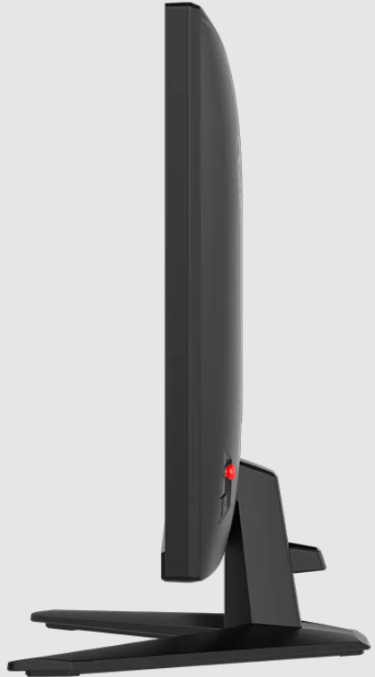 Schwarzer Computermonitor mit rotem Knopf auf der Rückseite, von der Seite gesehen.
