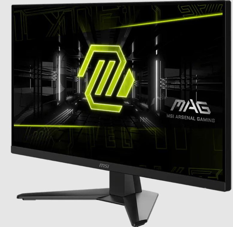 Ein MSI Gaming-Monitor mit einem leuchtend gelben Logo und Sci-Fi-Hintergrund.