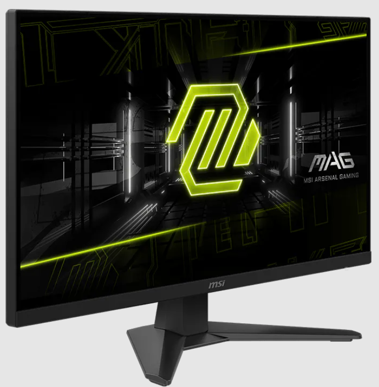 Ein Gaming-Monitor mit einem leuchtend gelben Logo vor einem dunklen, futuristischen Hintergrund.