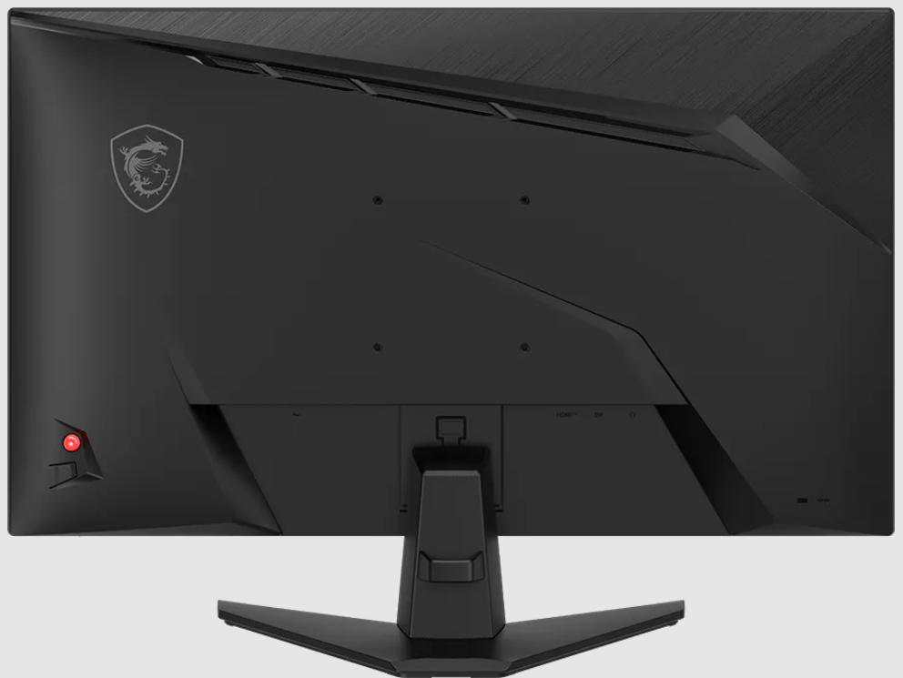 Rückseite eines schwarzen Monitors mit MSI-Logo und Anschlüssen.