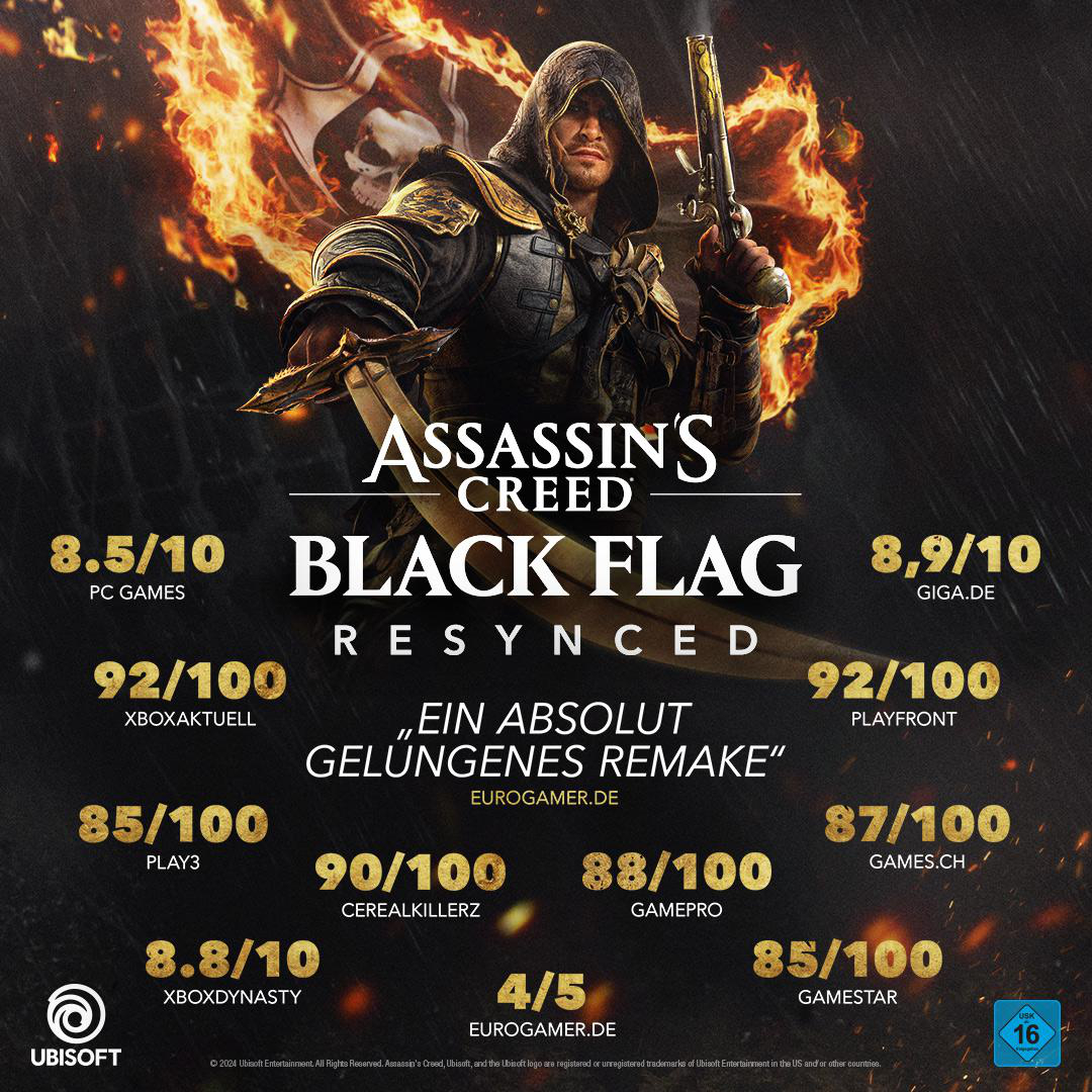 Assassin's Creed Black Flag: Mann mit Pistole und Schwert vor Flammen, Wertungen.