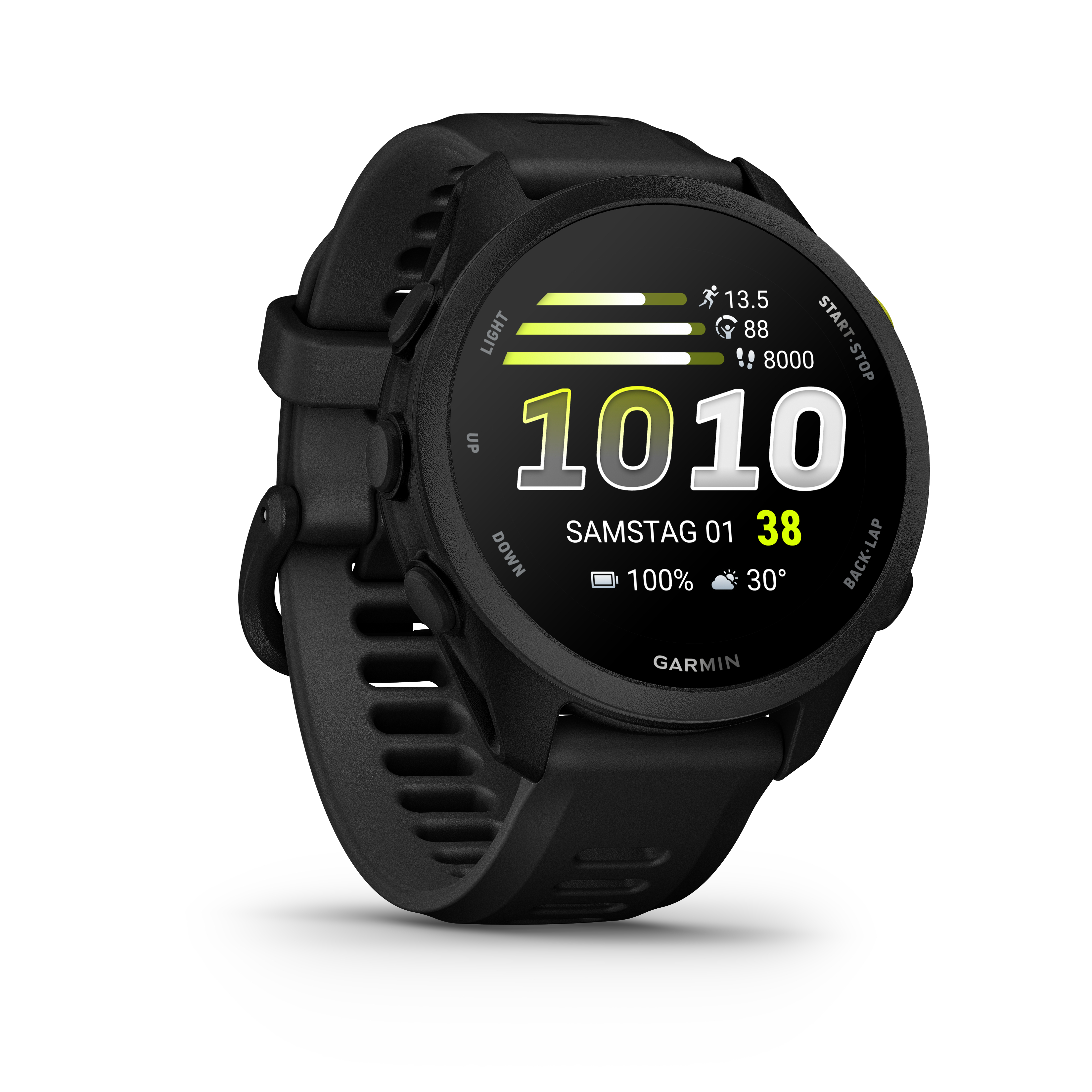 Schwarze Garmin Smartwatch mit Display: 1010, 38°, 100% Akku, 8000 Schritte.
