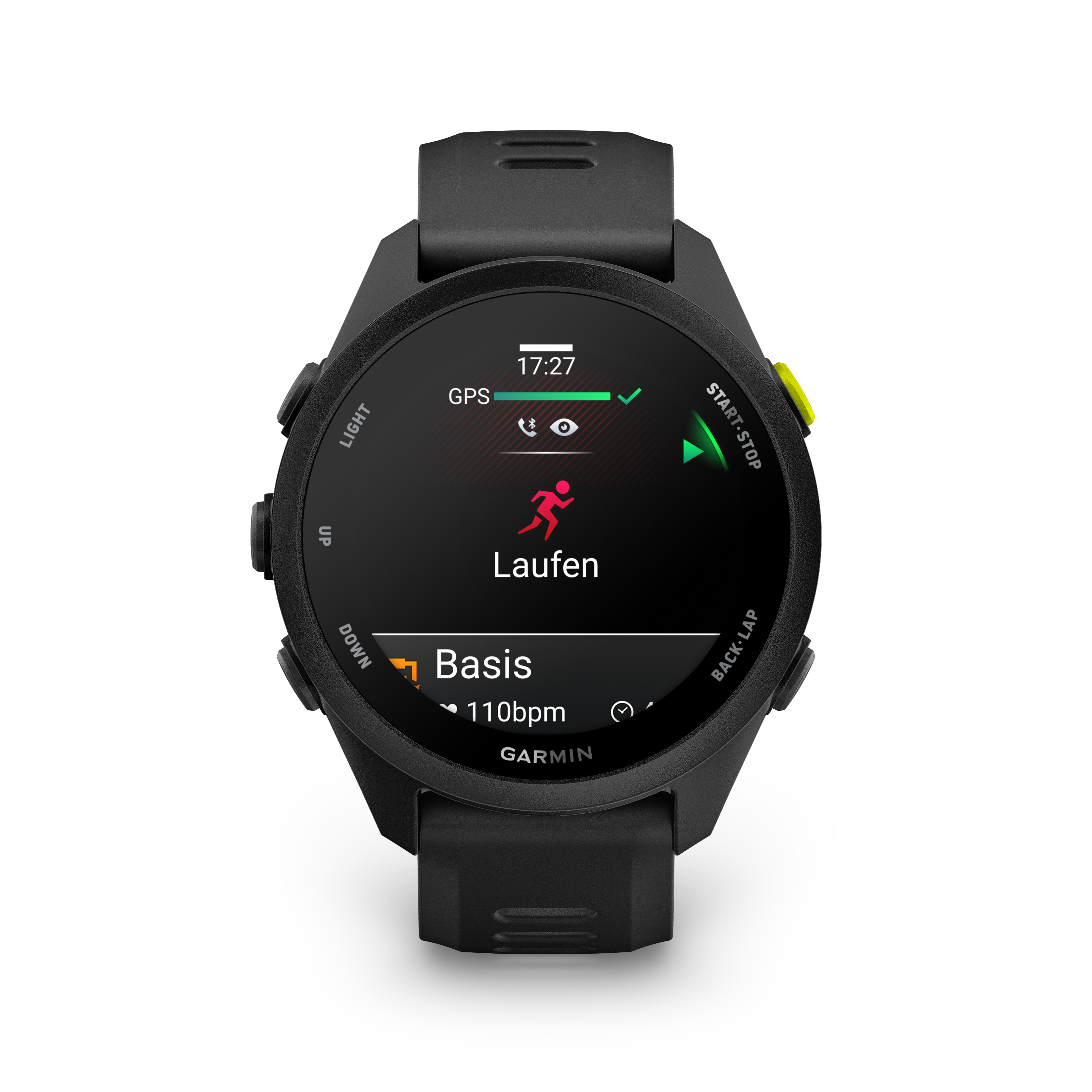 Schwarze Smartwatch mit Lauf-Display: Zeit, GPS, Herzfrequenz.