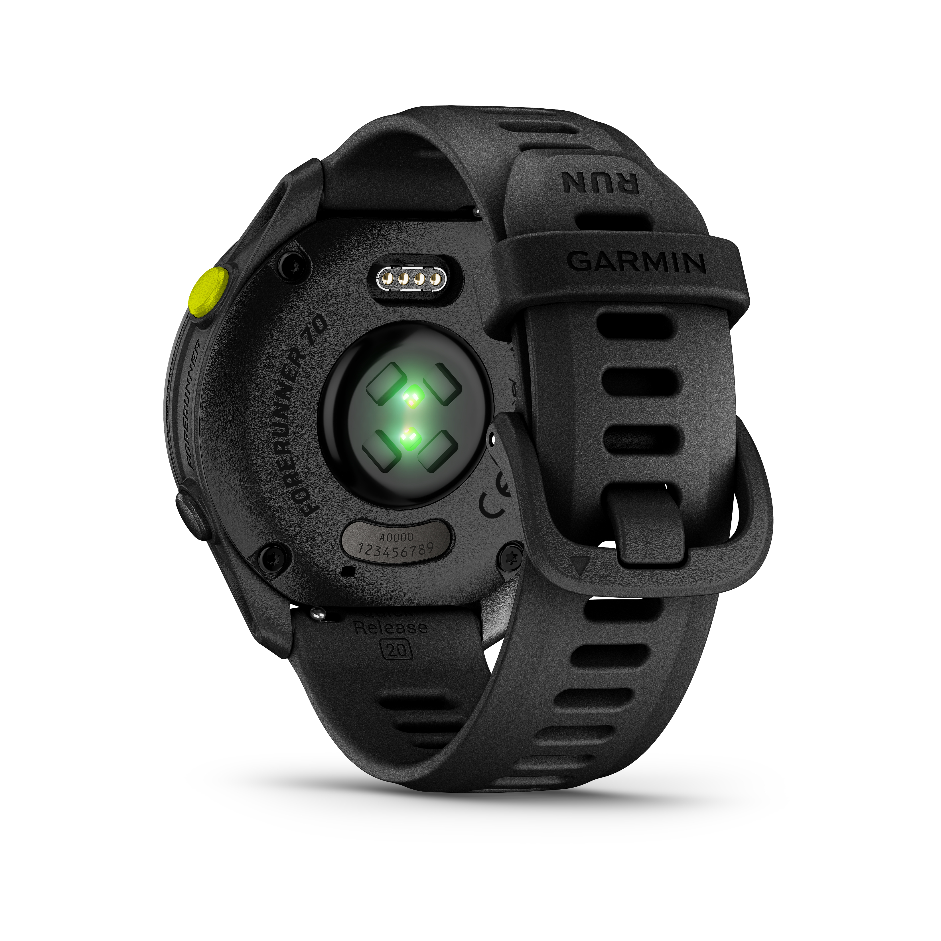 Schwarze Garmin Forerunner 70 Smartwatch mit Herzfrequenzsensor und gelbem Knopf.