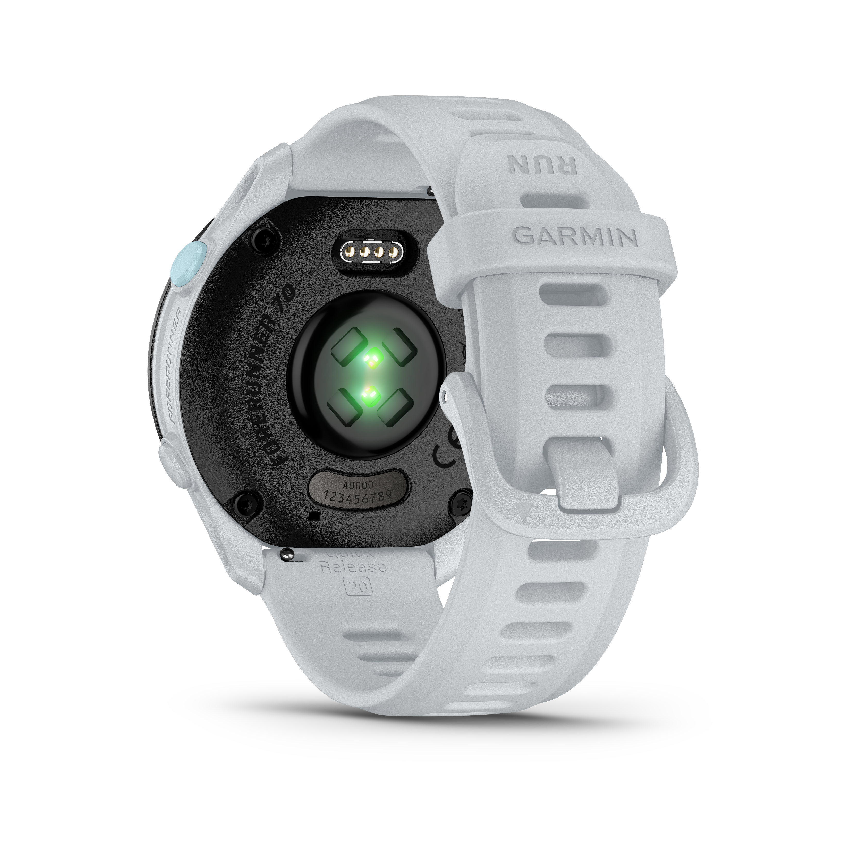 Weiße Garmin Forerunner 70 Smartwatch mit Herzfrequenzsensor und Schnellverschluss.
