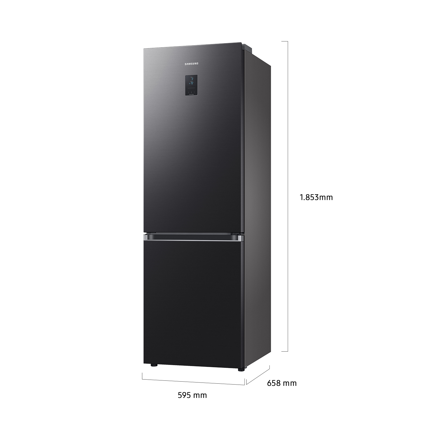Refrigerador Samsung negro con pantalla, Al:1.853m, An:0.595m, Pr:0.658m.