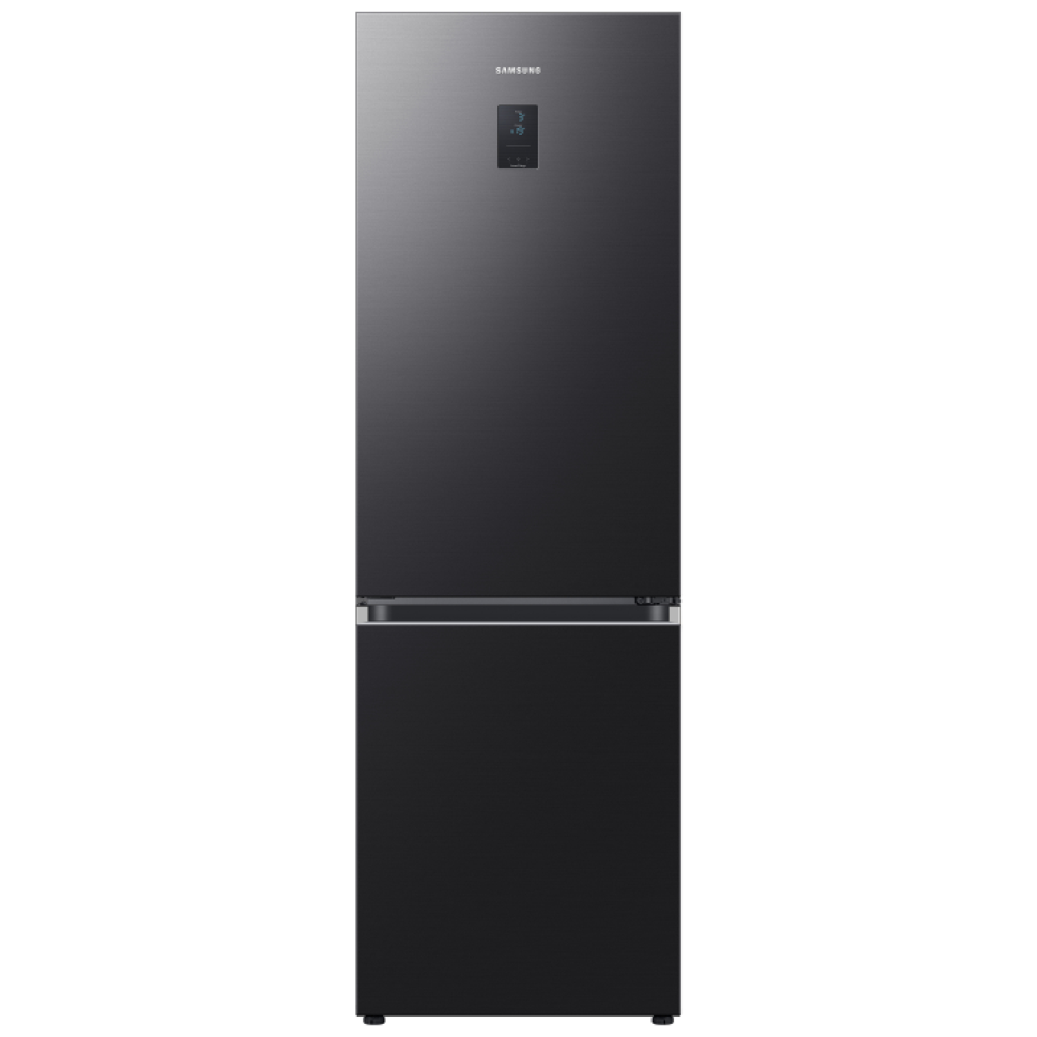 Un refrigerador moderno y oscuro con pantalla digital en la puerta superior.