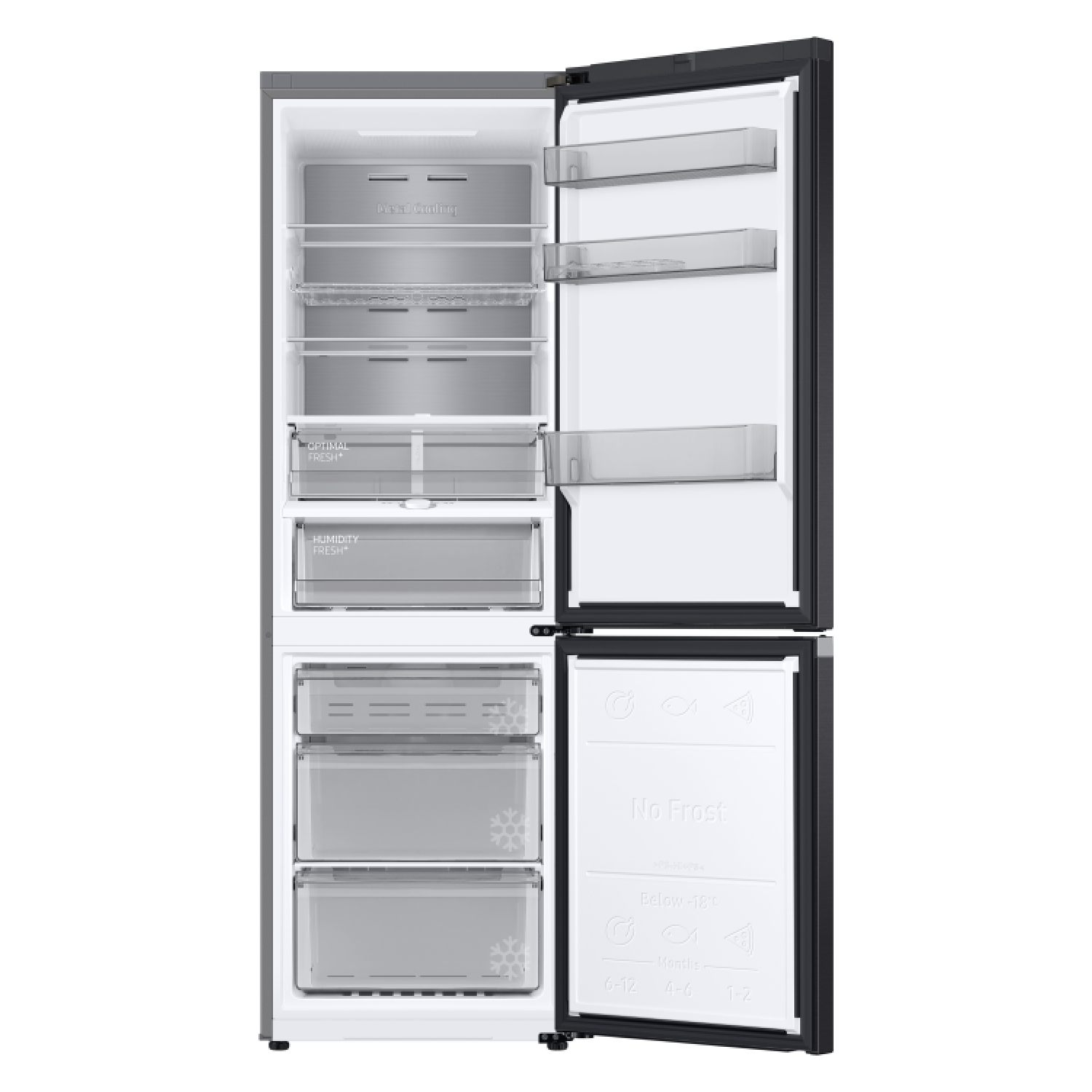 Refrigerador abierto con estantes y cajones. Compartimento congelador visible.