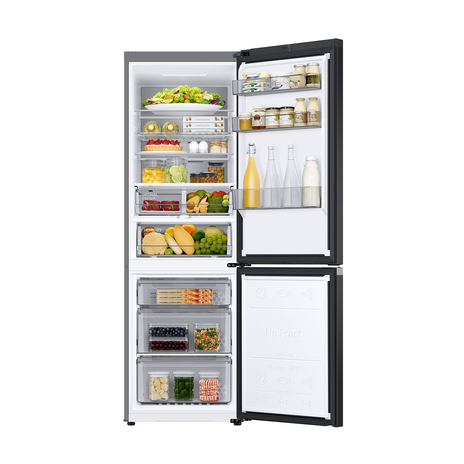 Refrigerador abierto lleno de comida, incluyendo frutas, verduras y bebidas.