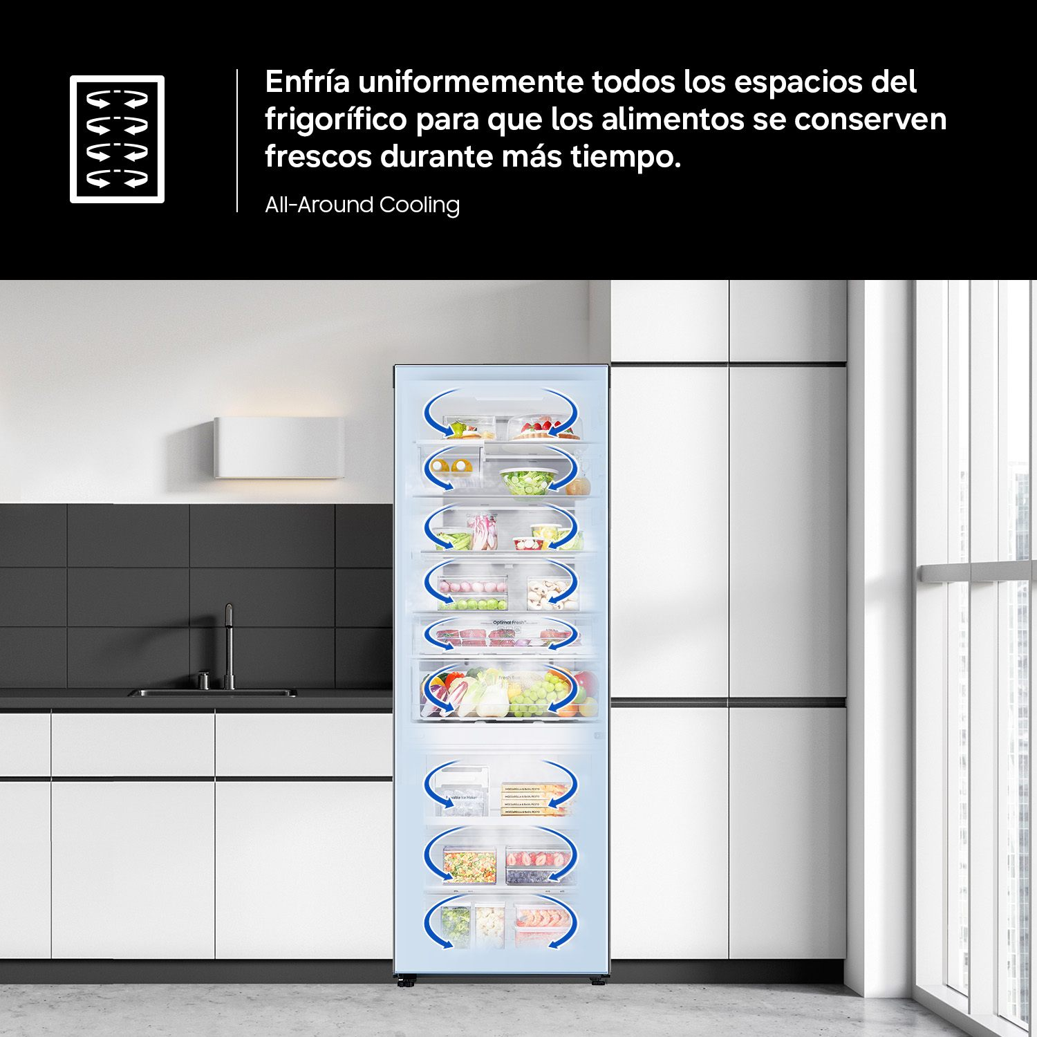 Refrigerador de múltiples estantes con alimentos. Flechas azules indican circulación de aire.
