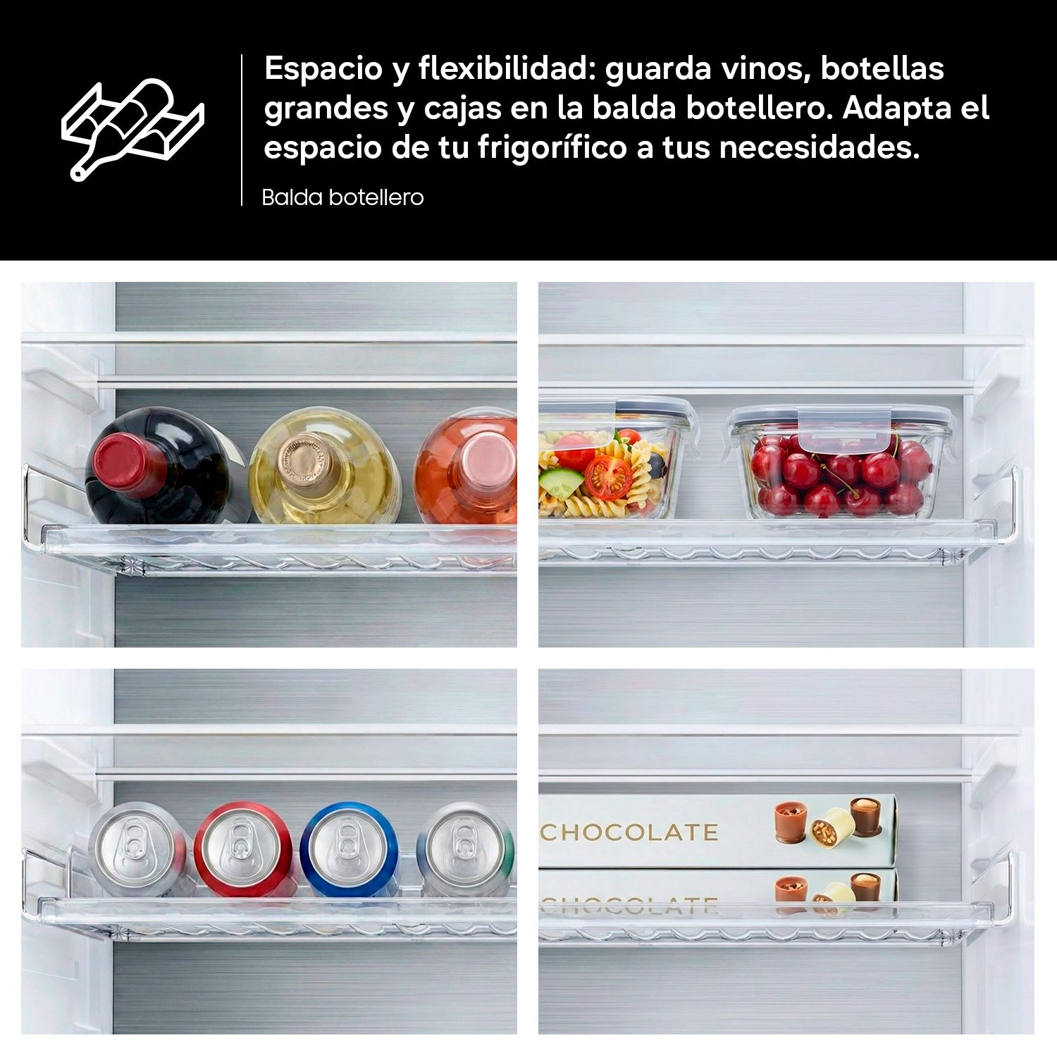 Estantería con botellas, latas, cajas de chocolate y fruta en recipientes.