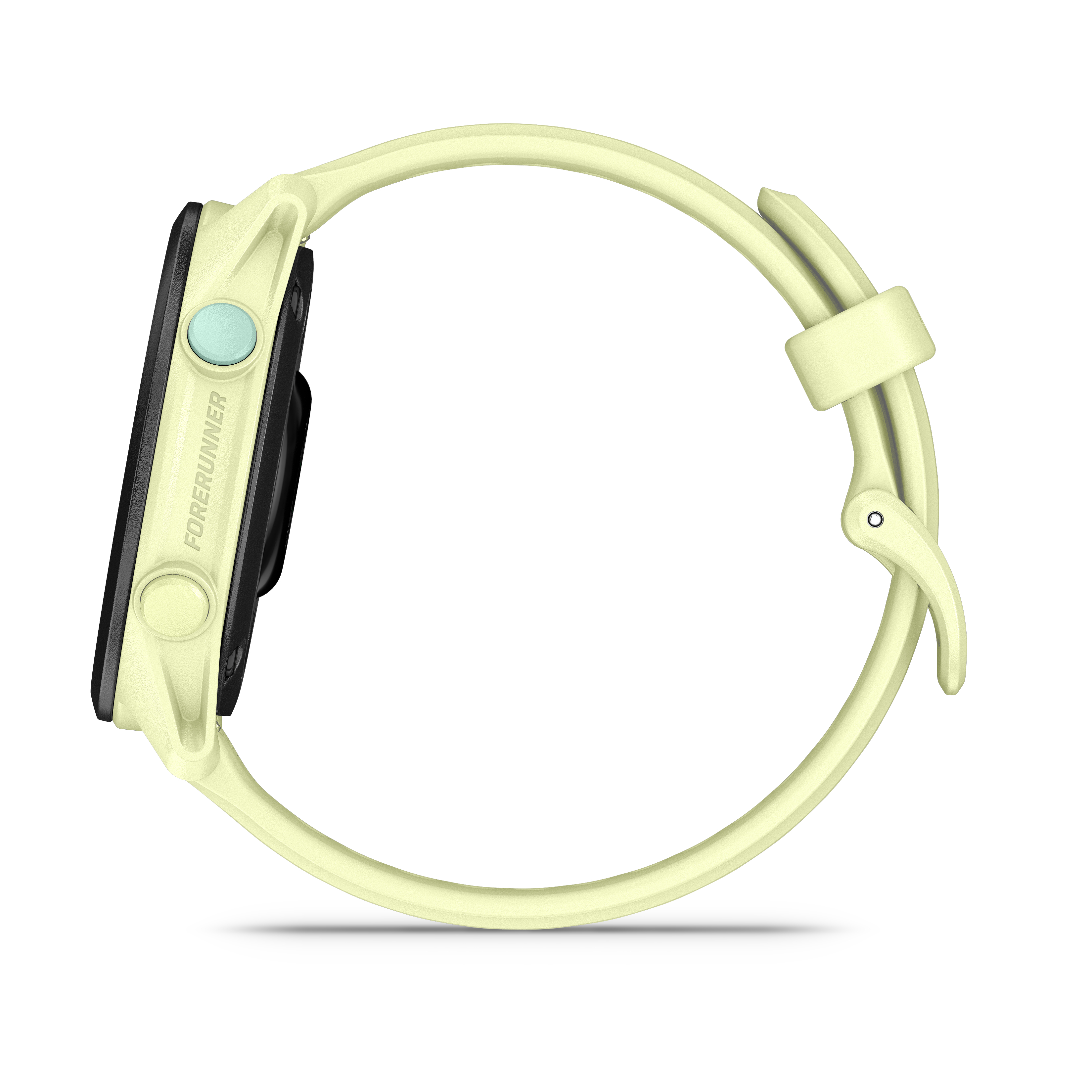 Eine hellgelbe Smartwatch mit schwarzem Gehäuse und mintgrünem Knopf.