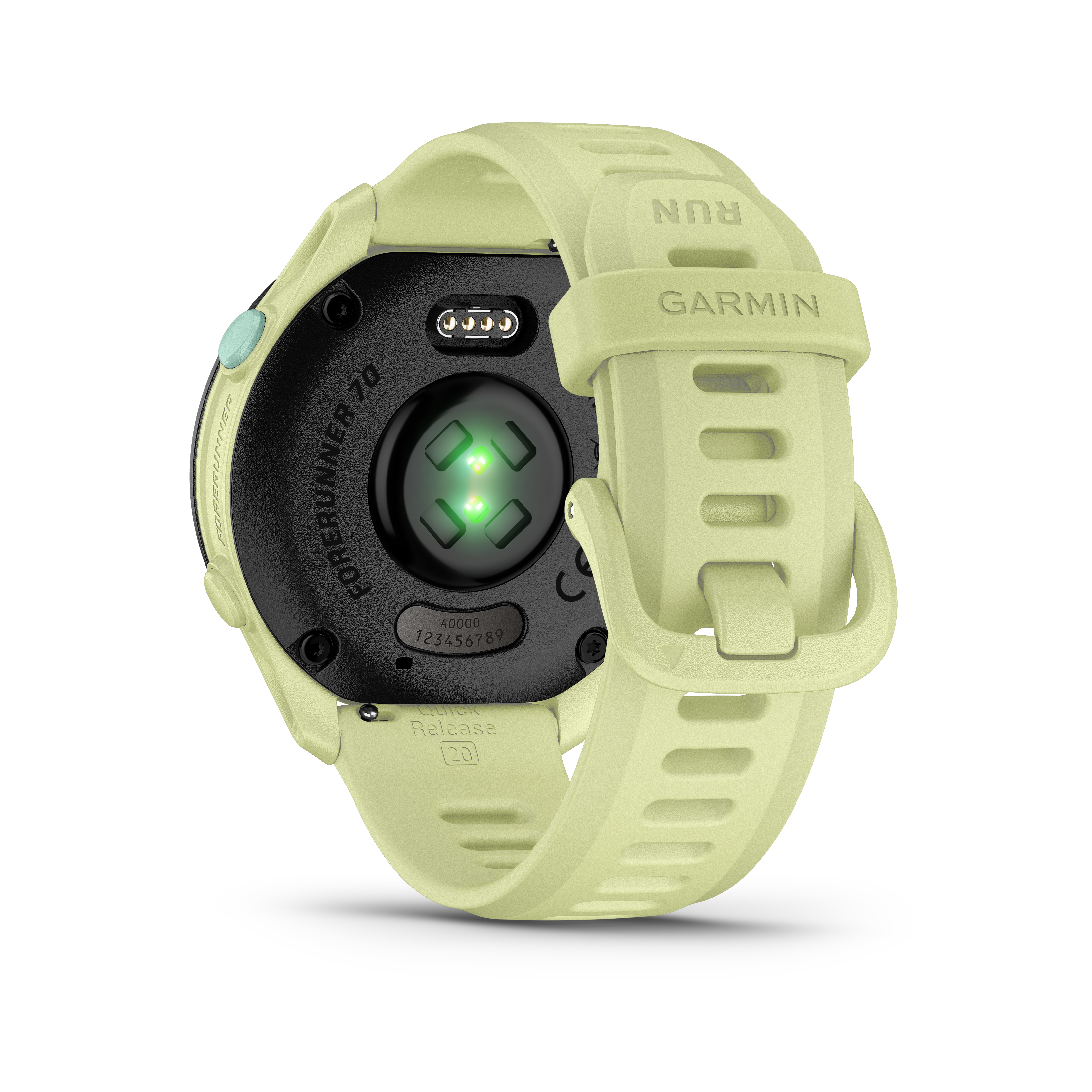 Ein hellgrünes Garmin Forerunner 70 mit Herzfrequenzsensor und Schnellverschluss.