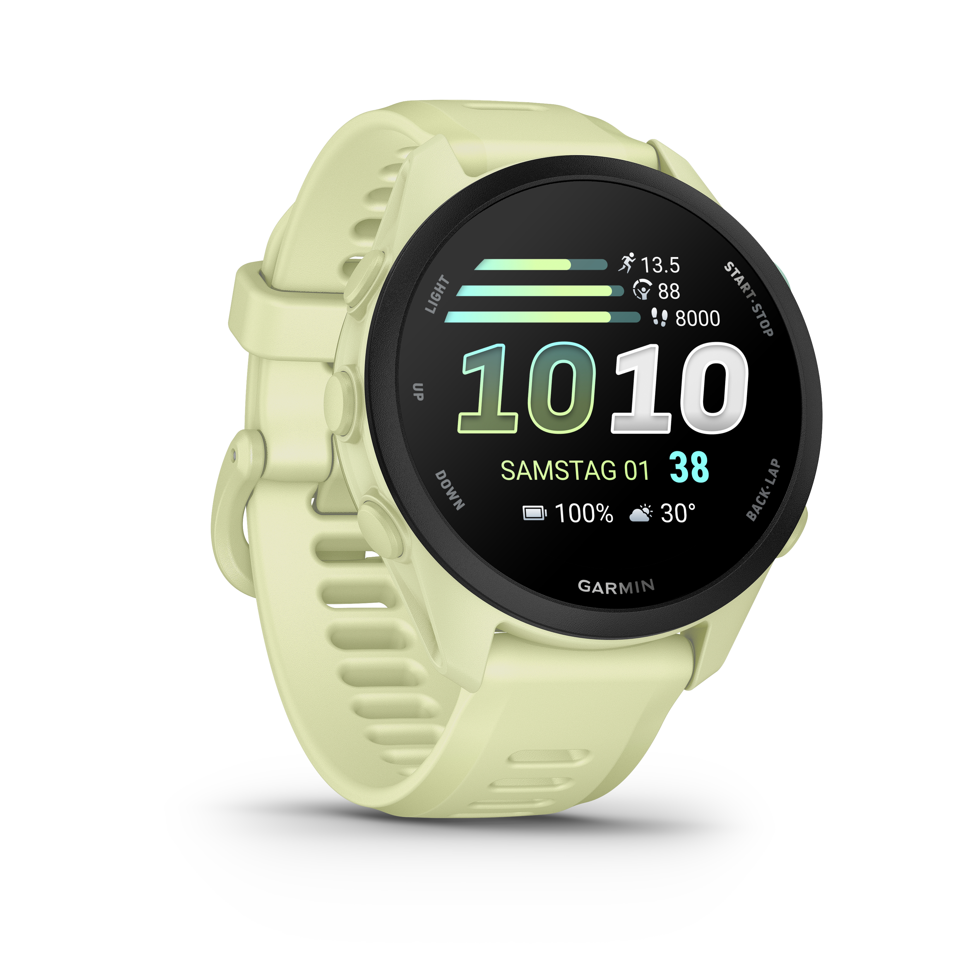 Eine hellgelbe Garmin-Smartwatch mit dunklem Zifferblatt.