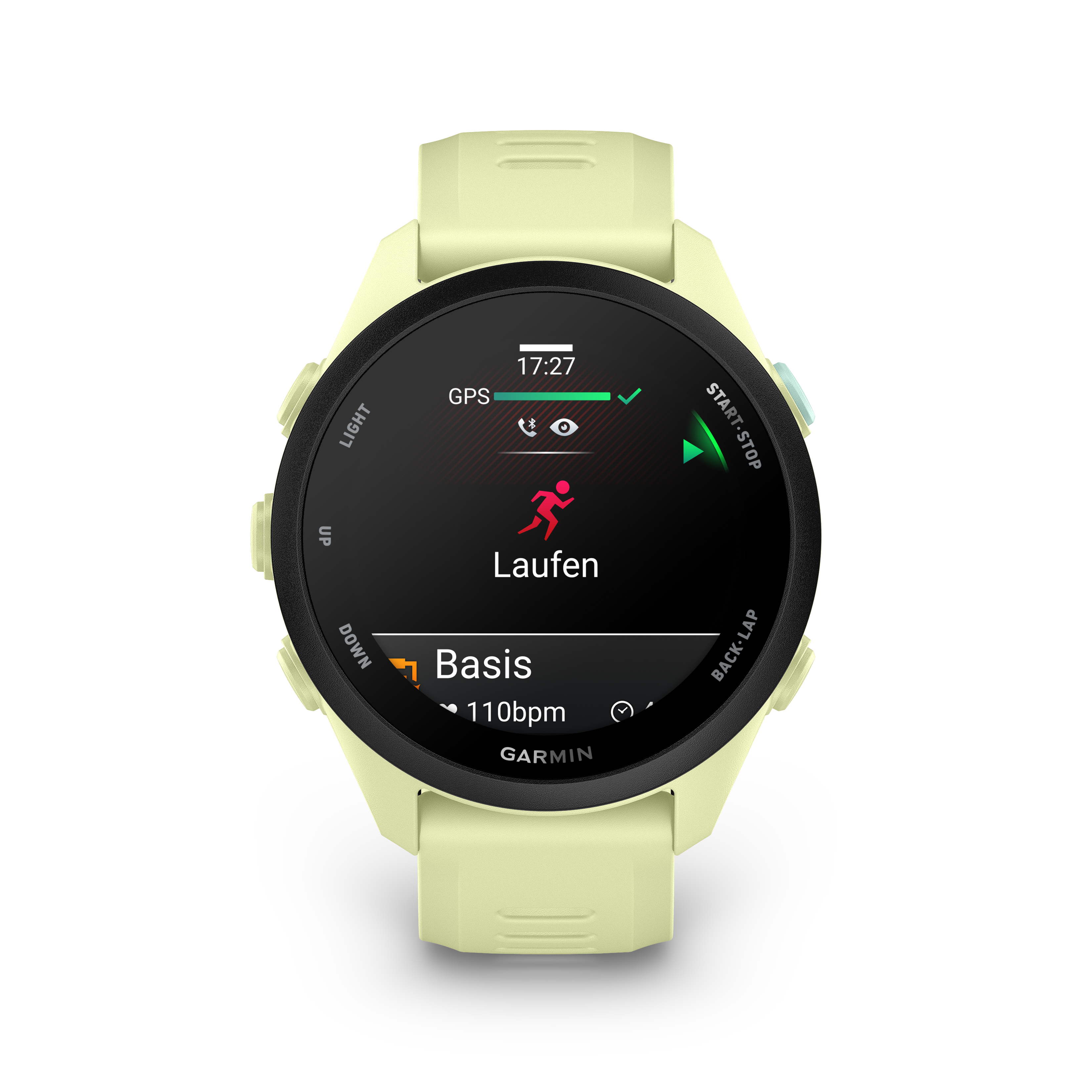 Eine helle, laufende Garmin-Smartwatch mit schwarzem Display und Herzfrequenzanzeige.