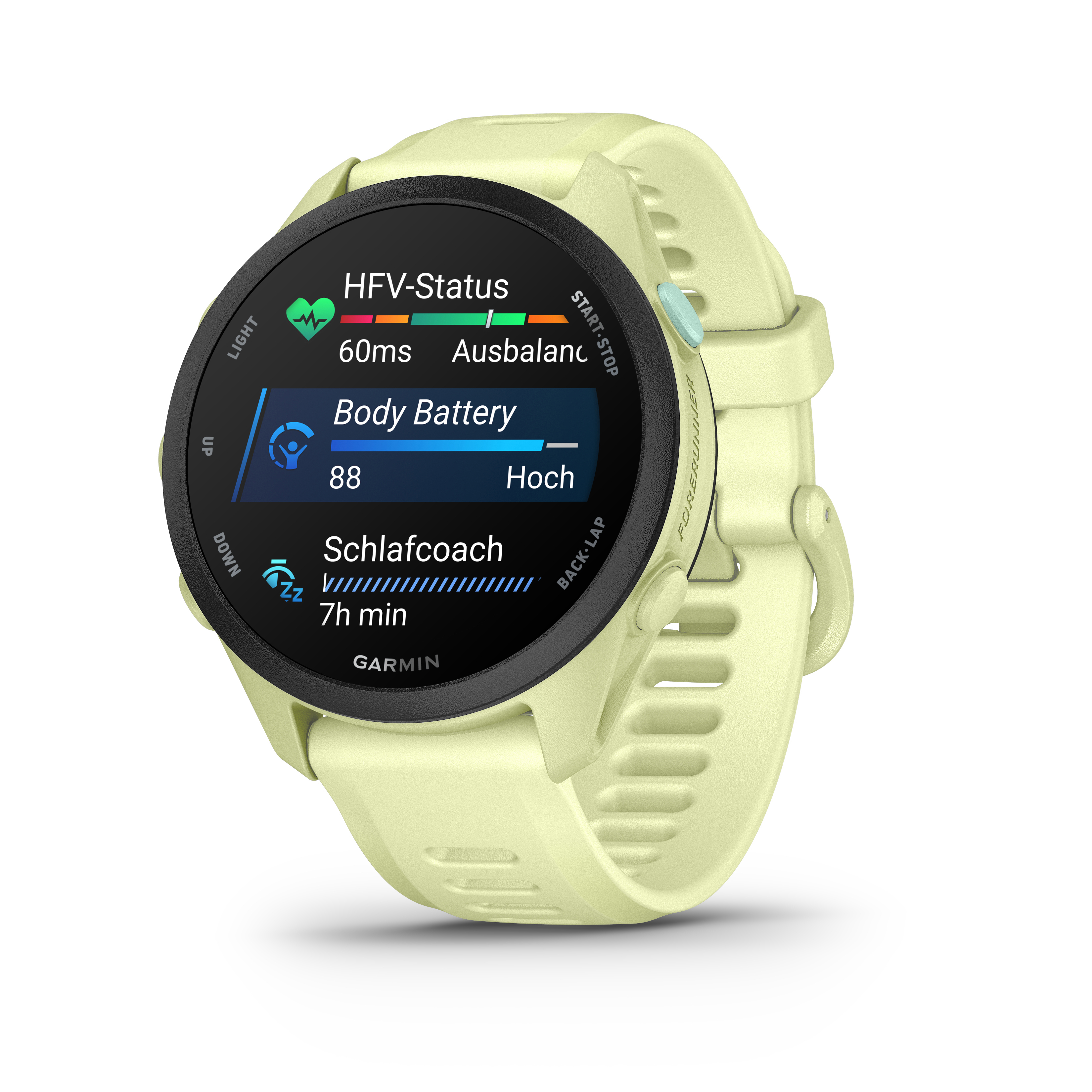 Eine hellgelbe Smartwatch mit schwarzem Display, das HFV-Status, Body Battery und Schlafcoach anzeigt.