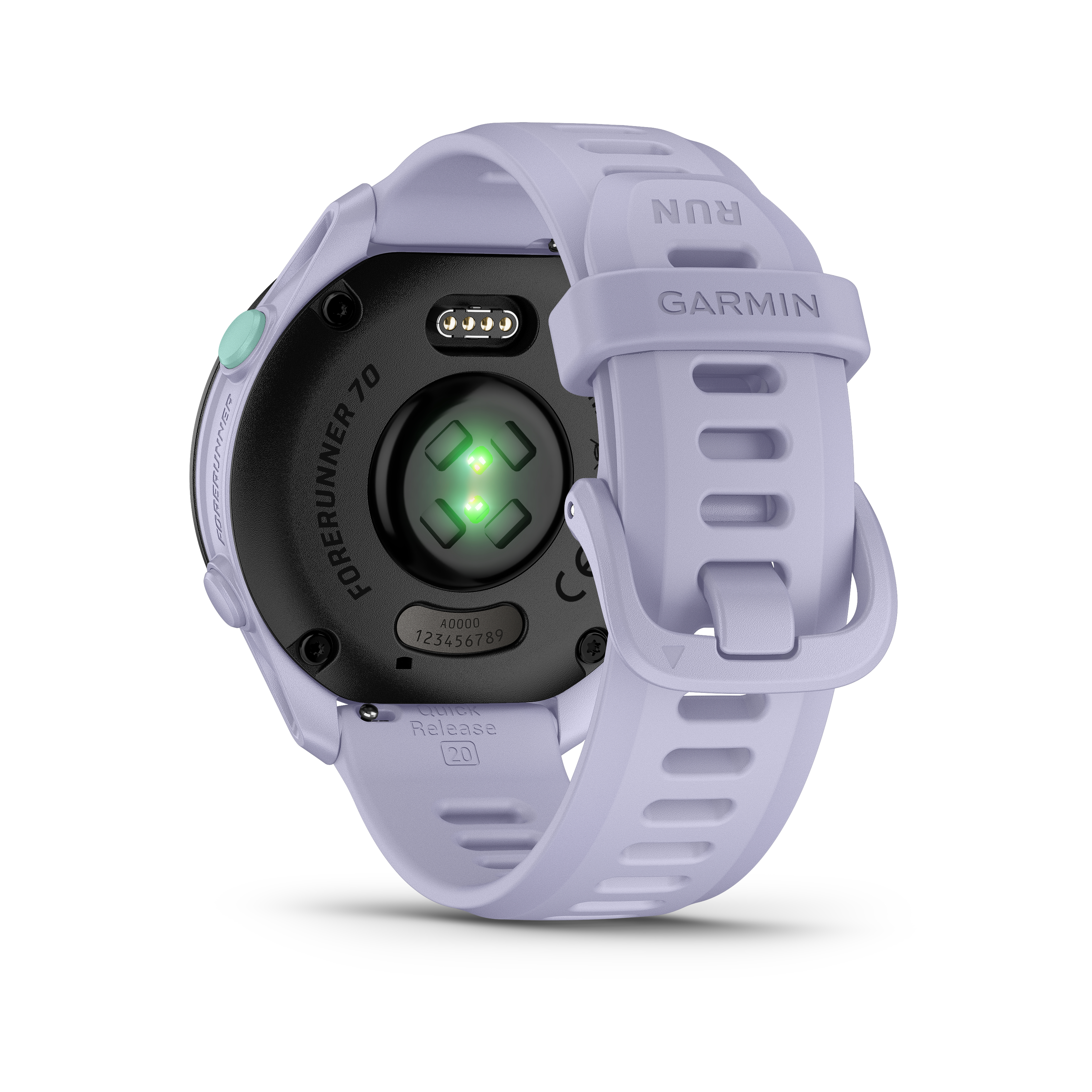 Ein lila Garmin Forerunner 70 Trainingsuhren-Rücken mit Herzfrequenzsensor.