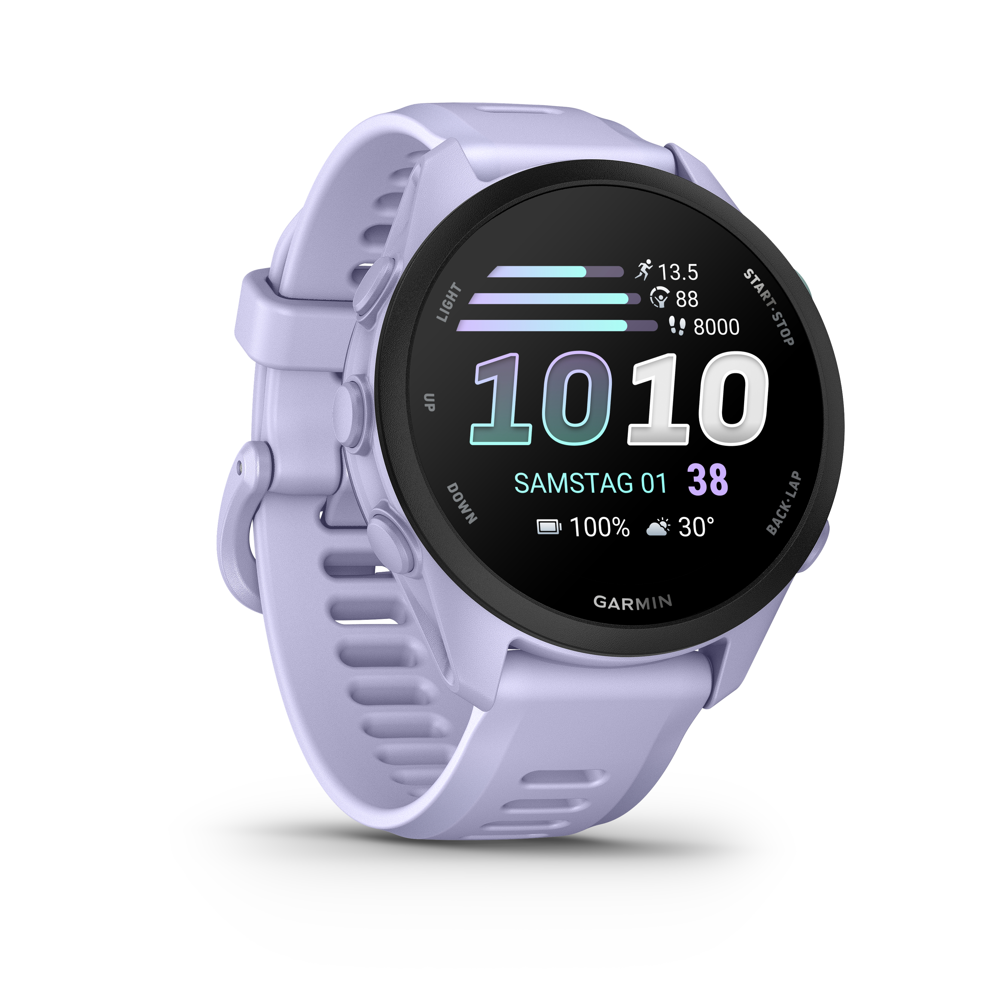 Eine hellviolette Garmin Smartwatch zeigt 10:10, 38 Grad, 100% Akku.