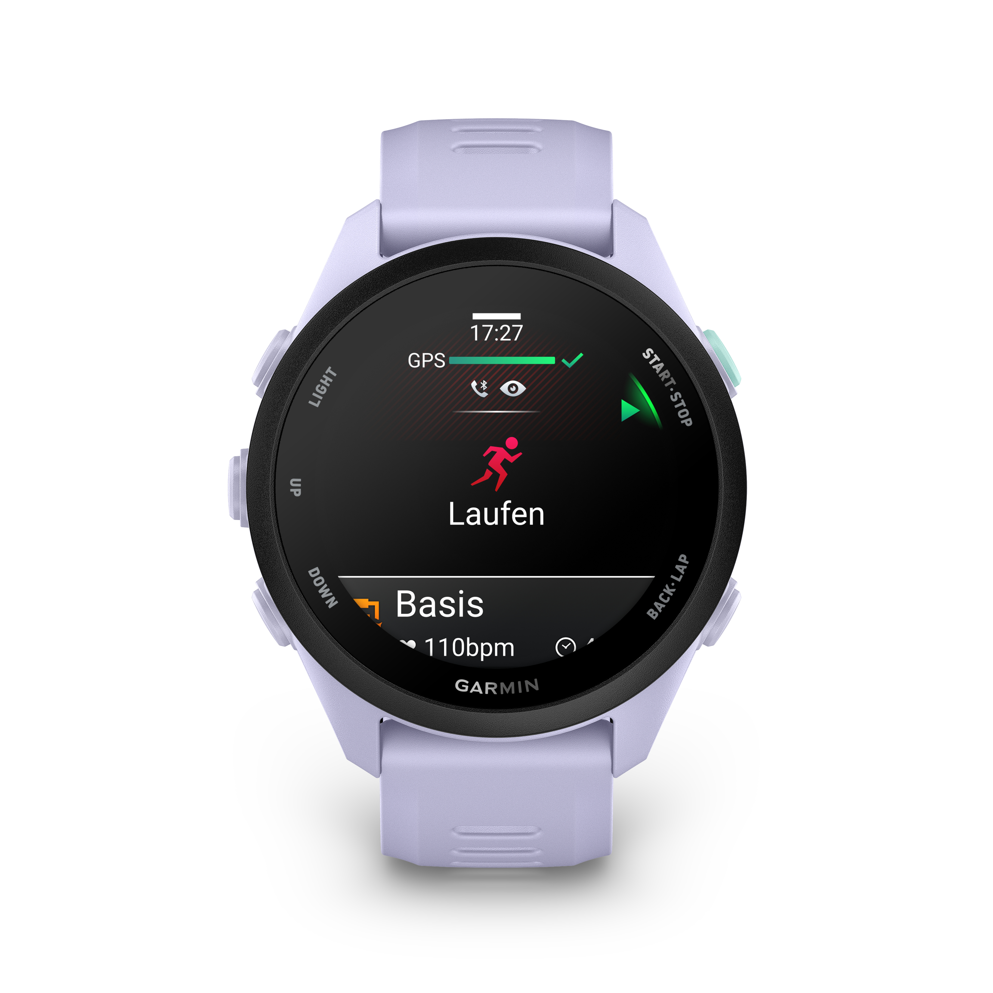 Eine lila Garmin Smartwatch zeigt 