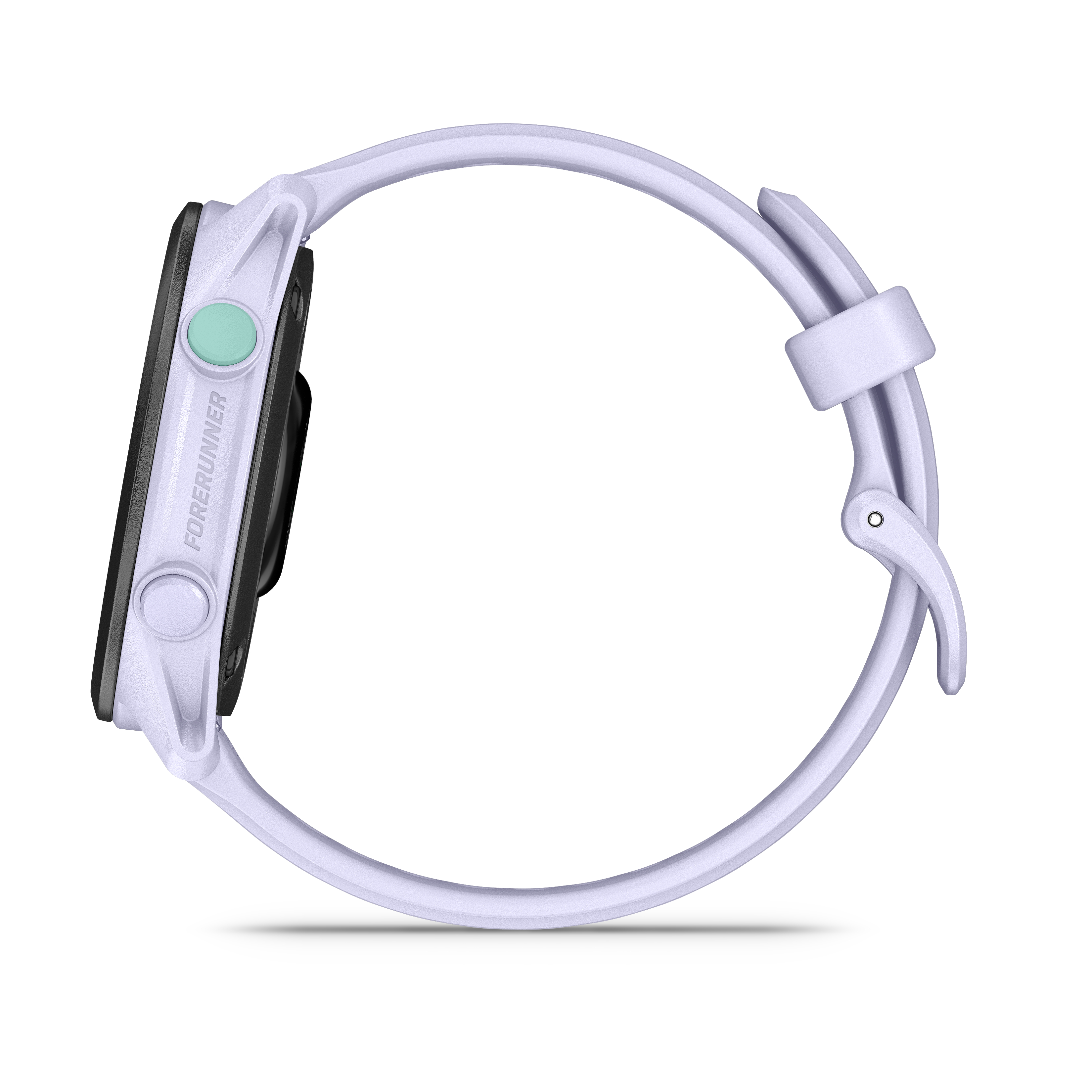 Ein hellviolettes Smartwatch-Armband mit schwarzem Gehäuse und einem mintgrünen Knopf.