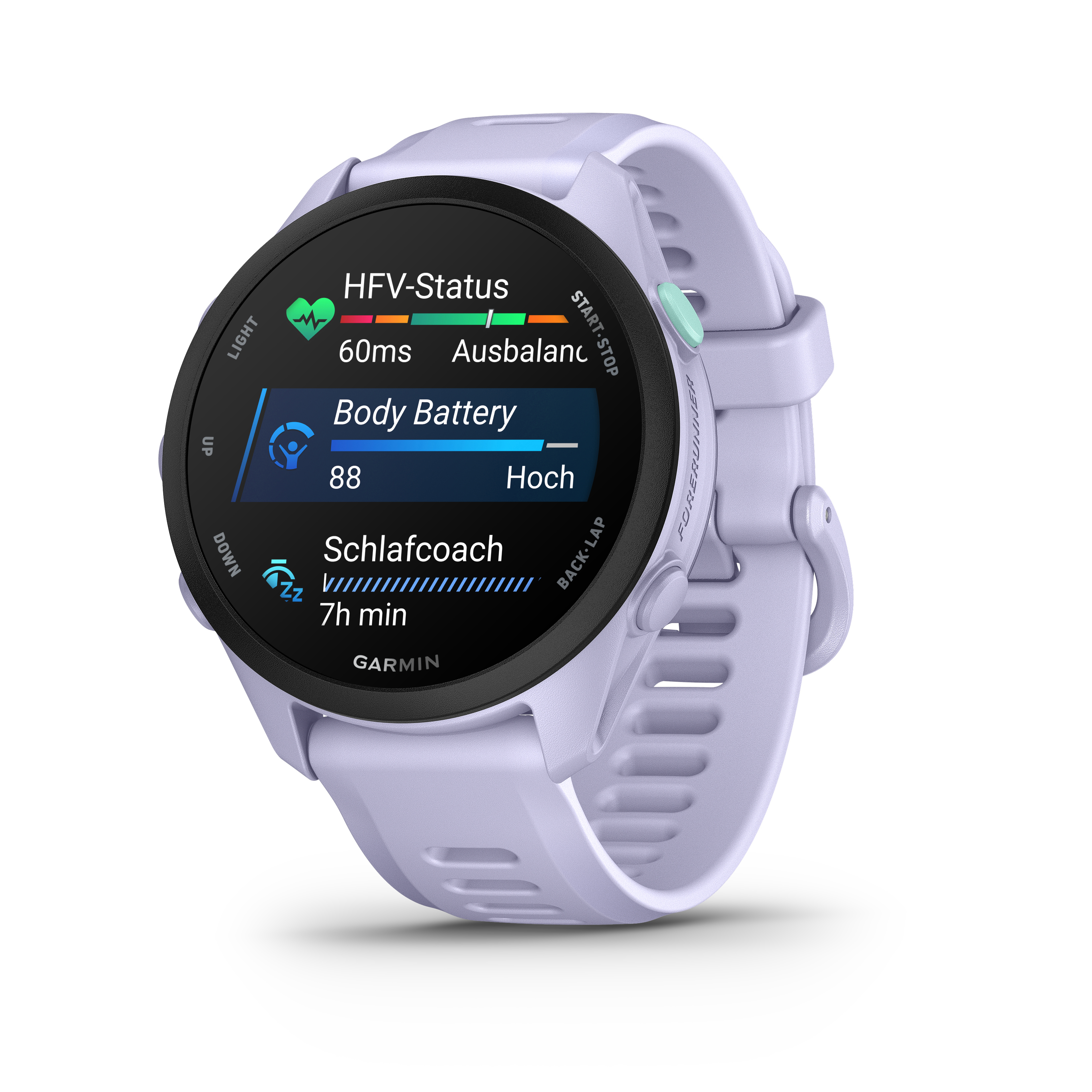 Eine lila Garmin Smartwatch mit Herzfrequenz und Schlafdaten auf dem Bildschirm.