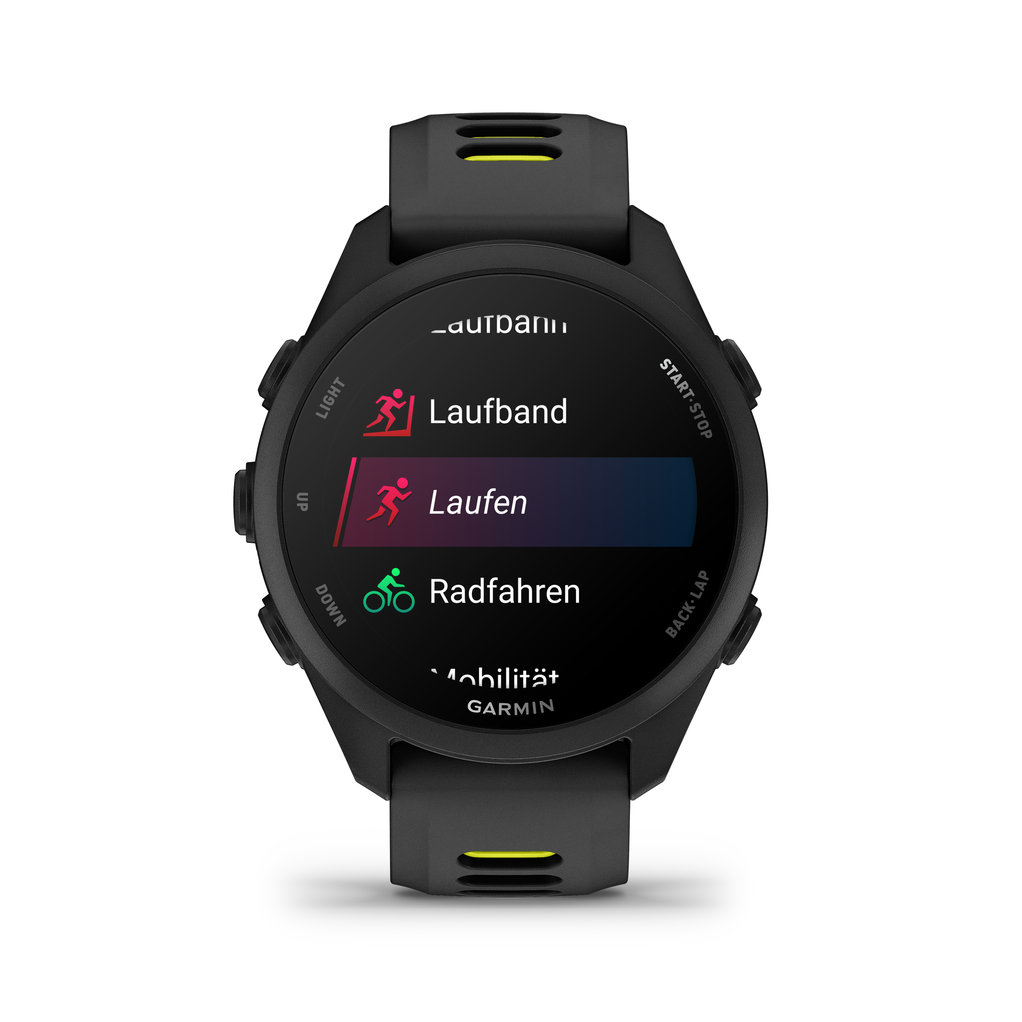 Schwarze Garmin Uhr mit Sportmodi: Laufband, Laufen, Radfahren.