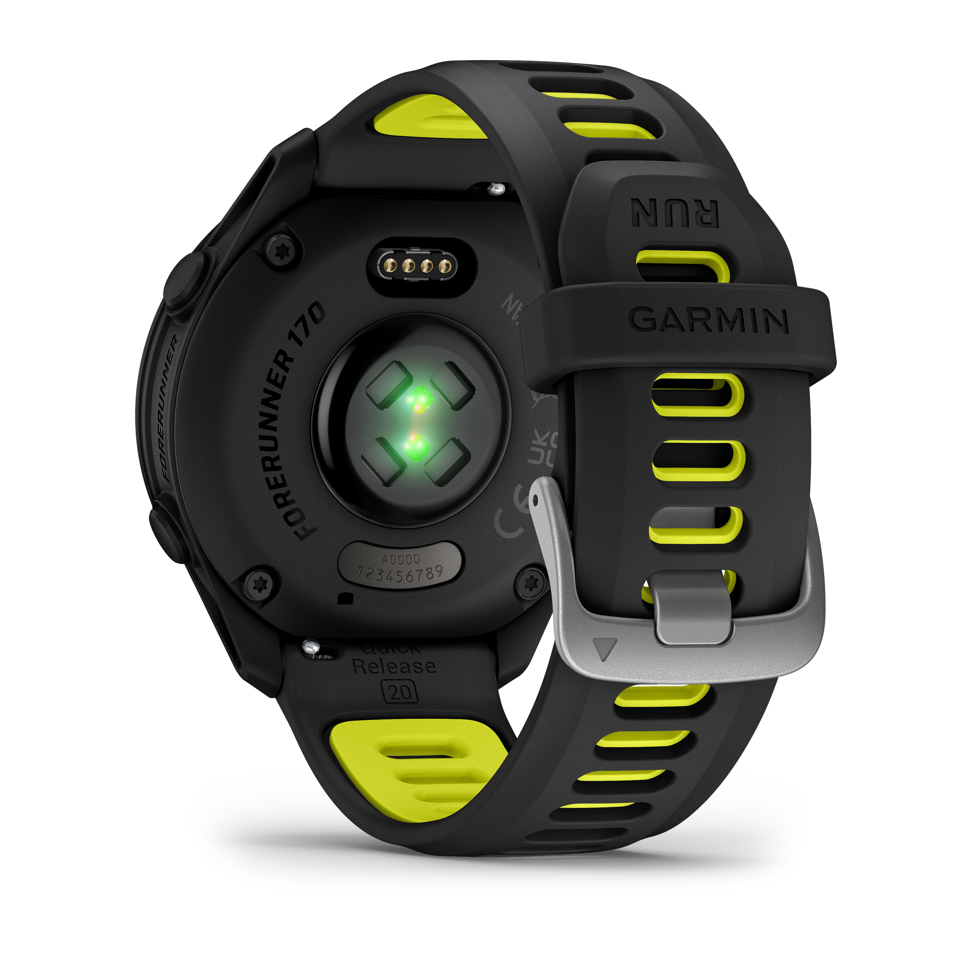 Rückseite einer schwarzen Garmin Forerunner 170 Uhr mit gelben Akzenten und Herzfrequenzsensor.