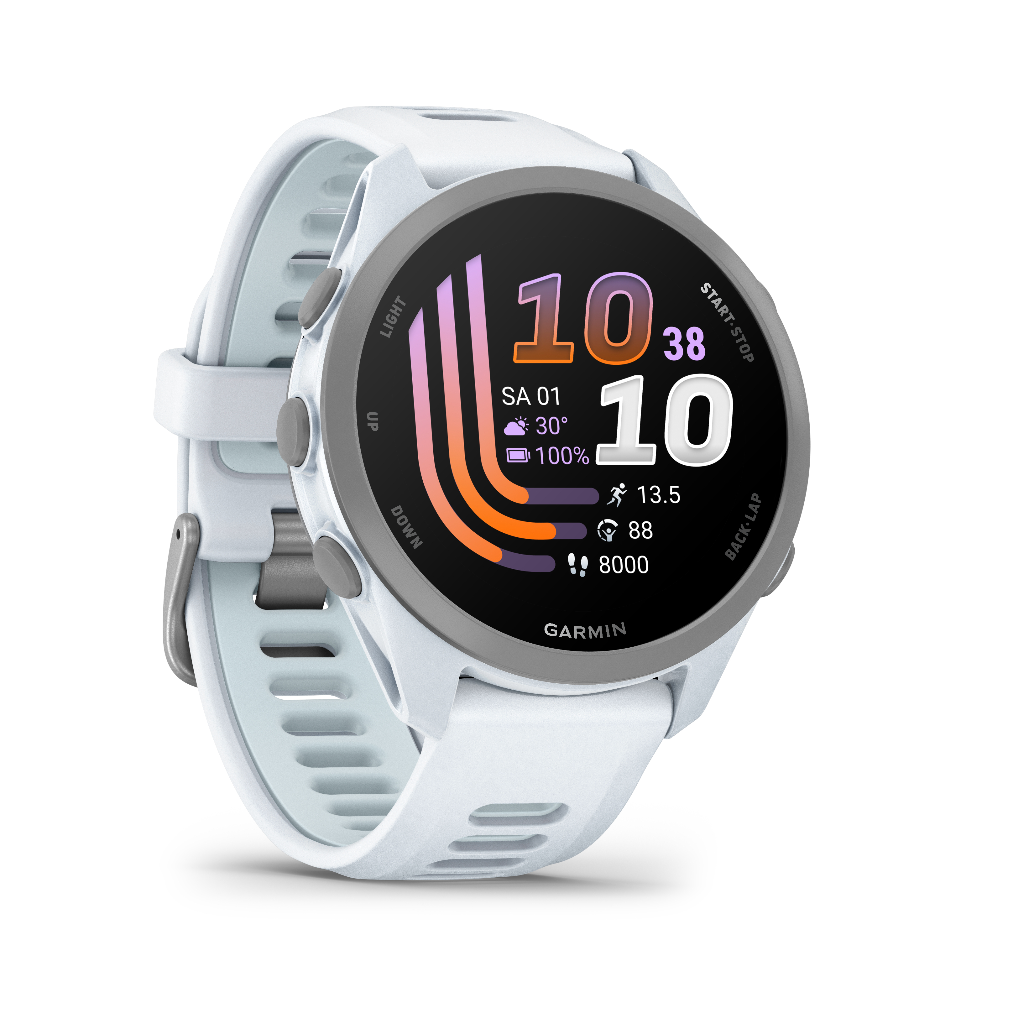 Eine weiße Garmin Smartwatch mit grauer Lünette und buntem Display.