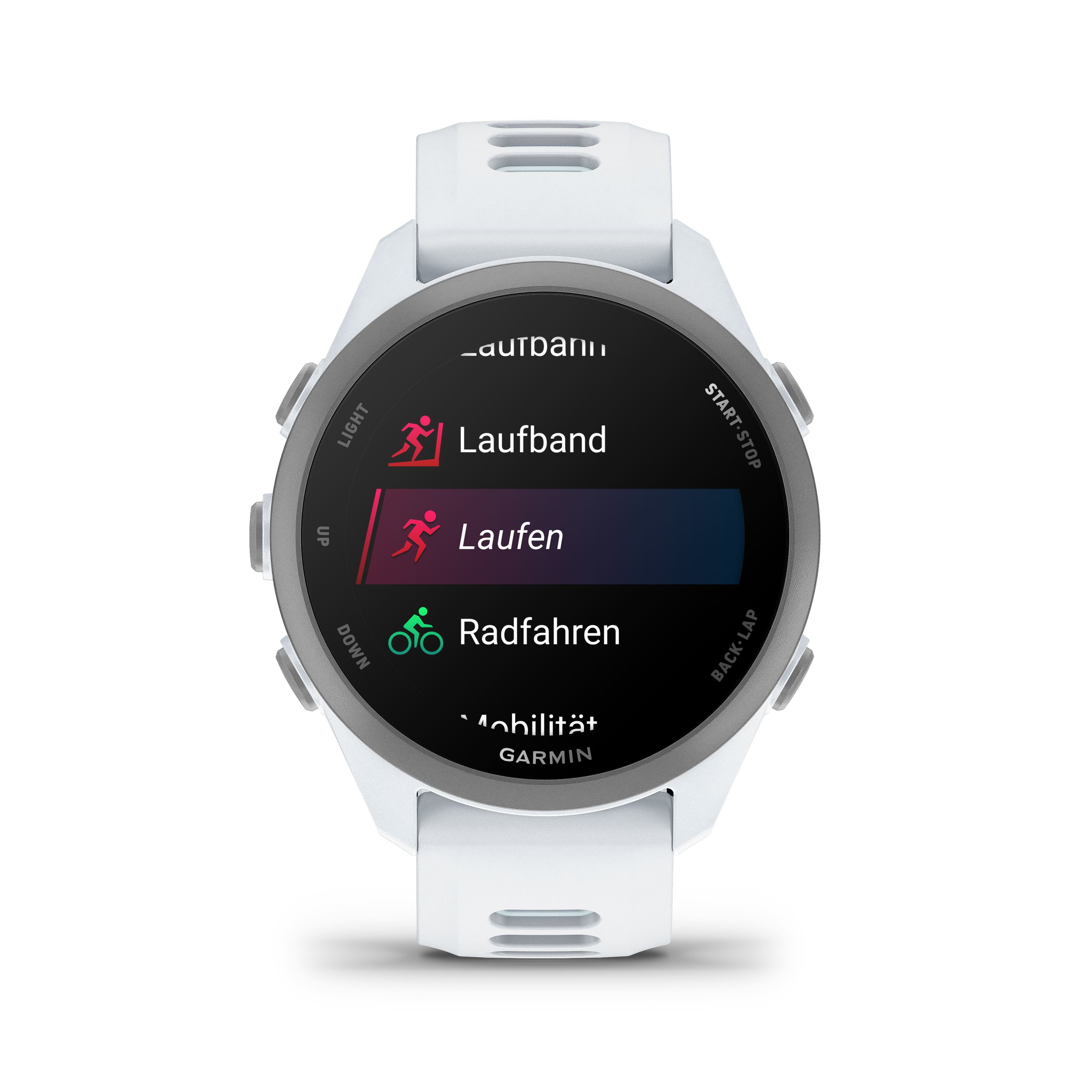 Weiße Smartwatch mit Sportmodi wie Laufen und Radfahren.