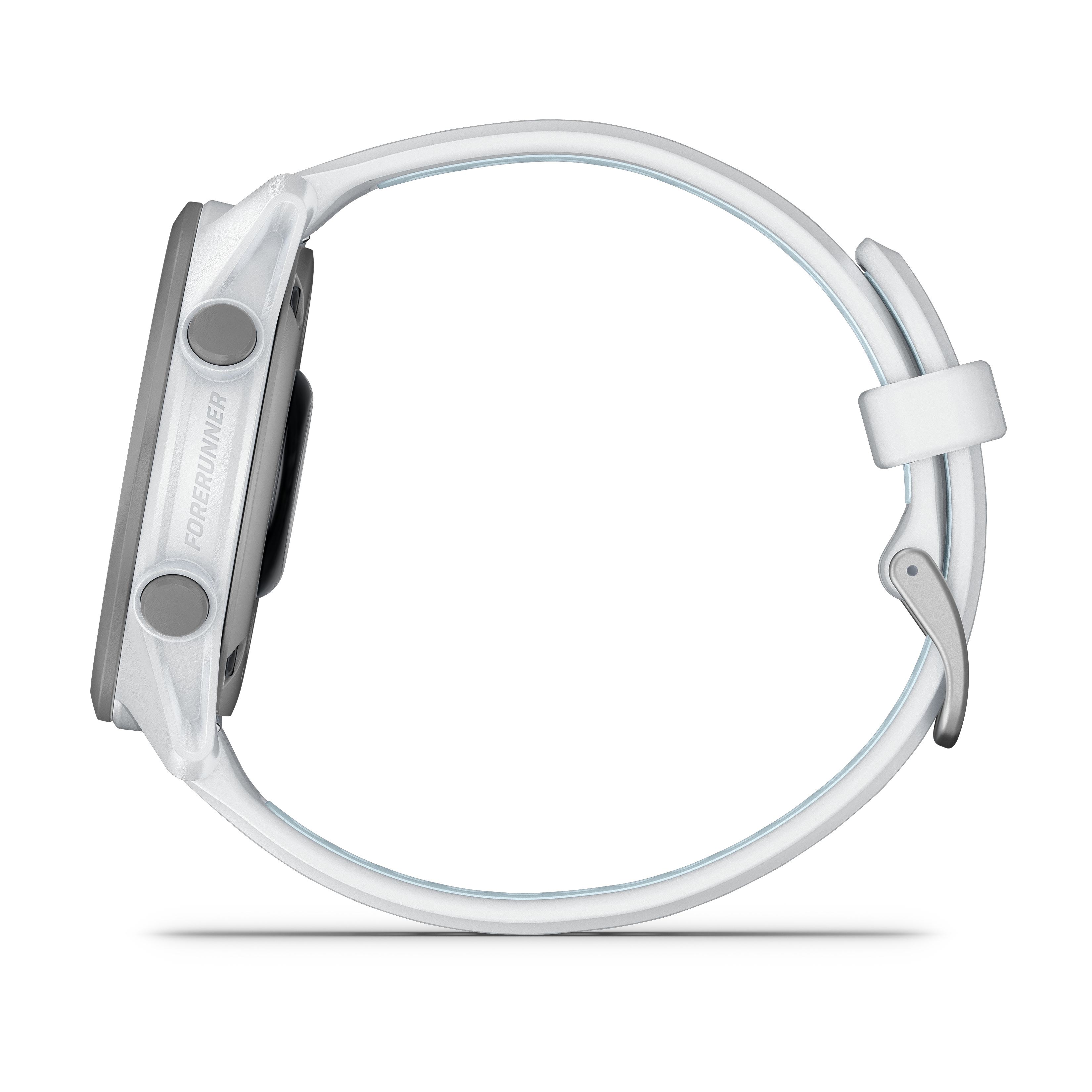 Eine weiße Smartwatch mit grauen Knöpfen und dem Schriftzug "FORERUNNER" auf dem Band.