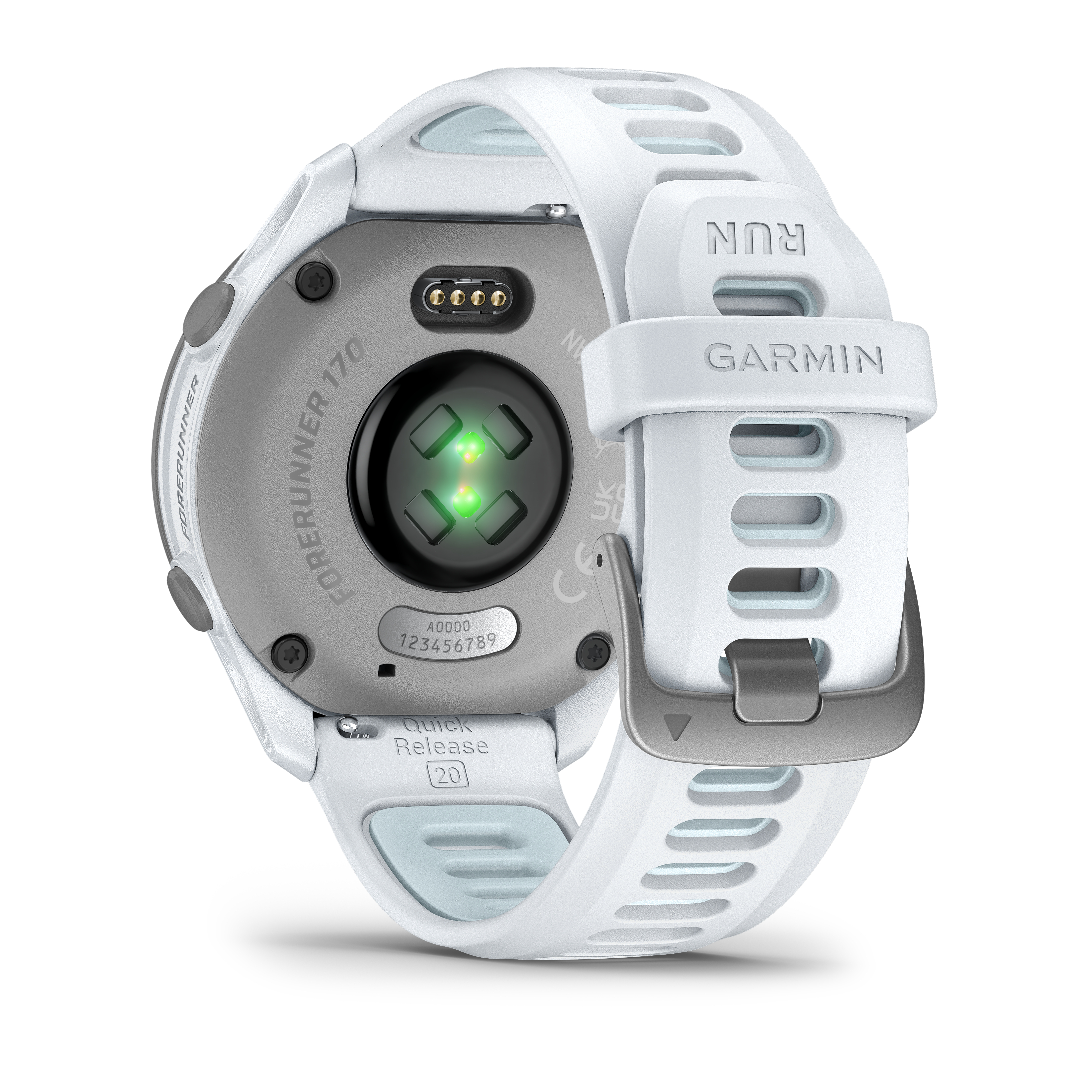 Rückseite einer weißen Garmin Forerunner 170 Uhr mit Herzfrequenzsensor und Ladekontakten.