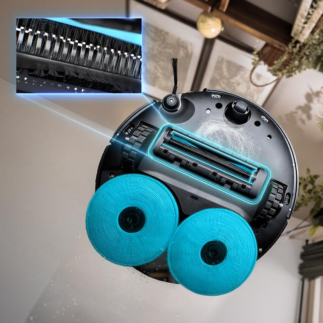 Mavi fırçalı robot süpürge ve temizlik detayı.