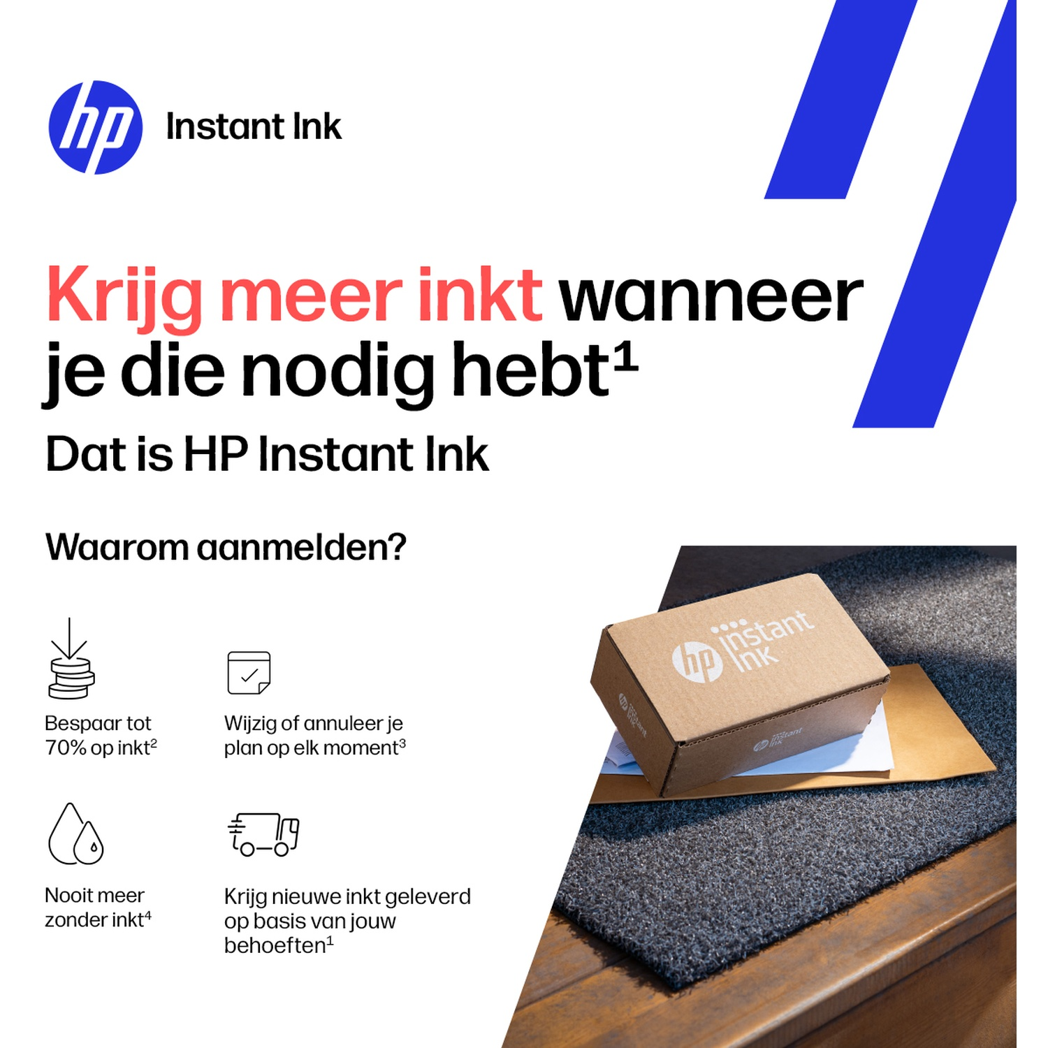 HP Instant Ink logo and text, with icons for savings, flexibility, drops, and delivery.