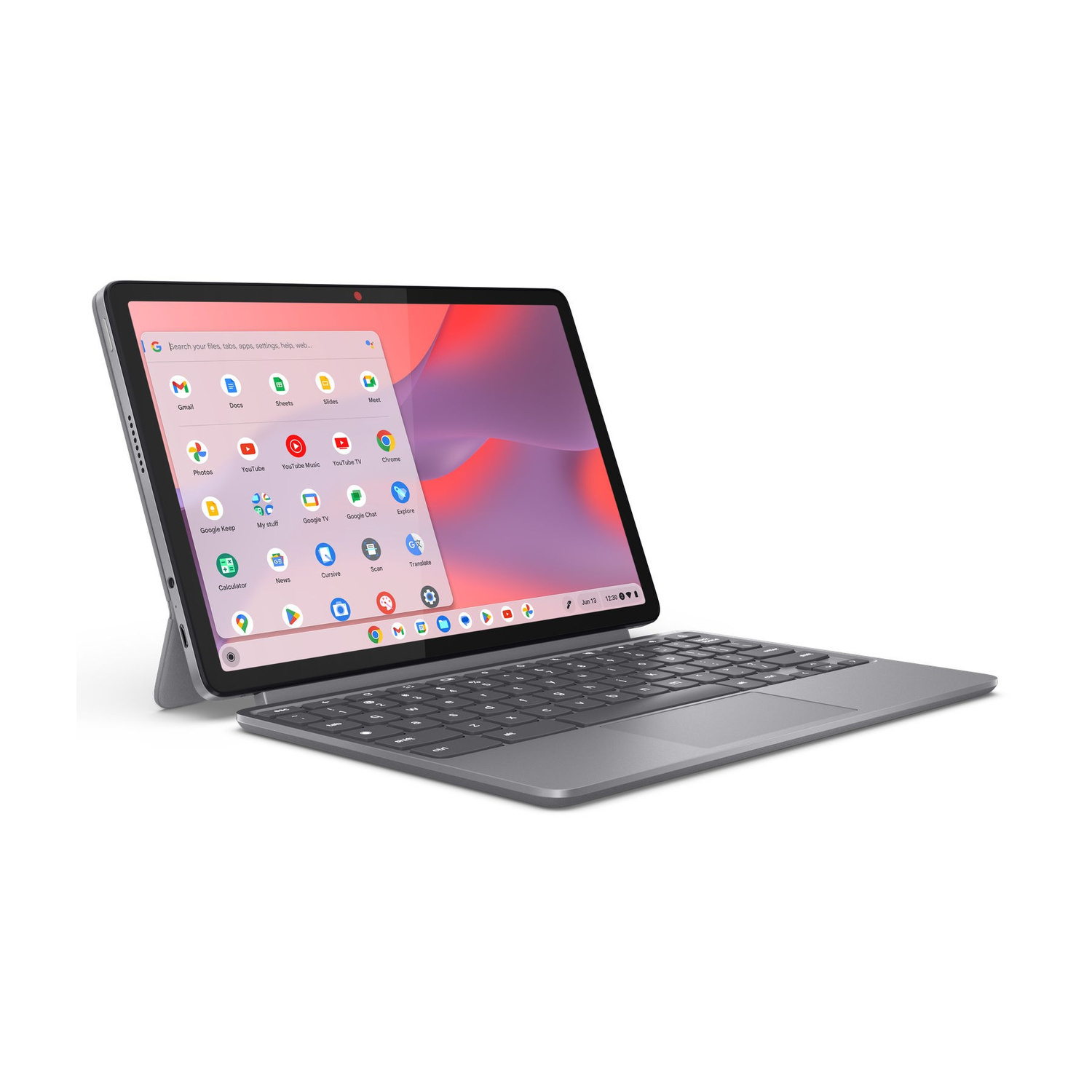 Un tablet-laptop 2-in-1 grigio con tastiera attaccata, su sfondo bianco.