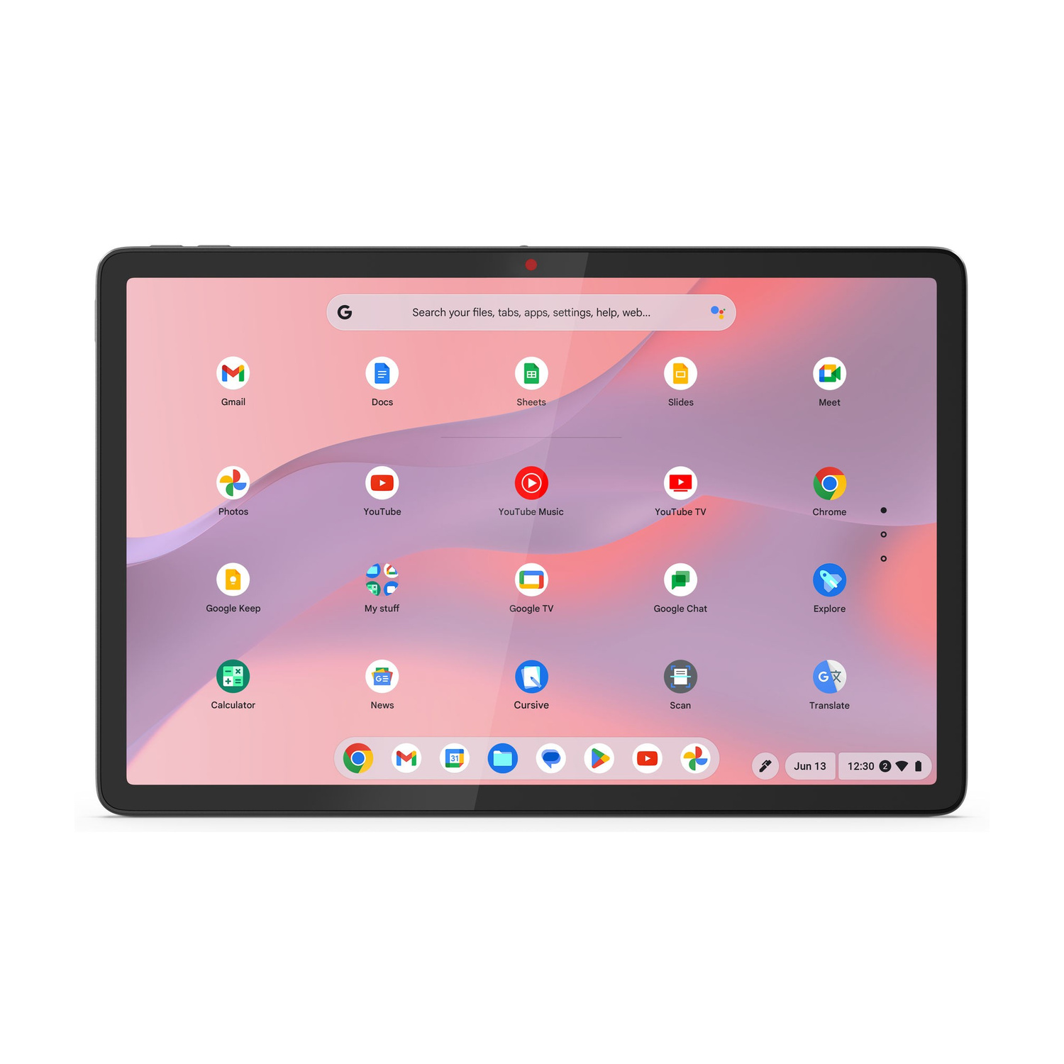 Un tablet con sfondo rosa e viola mostra icone di app e una barra di ricerca.