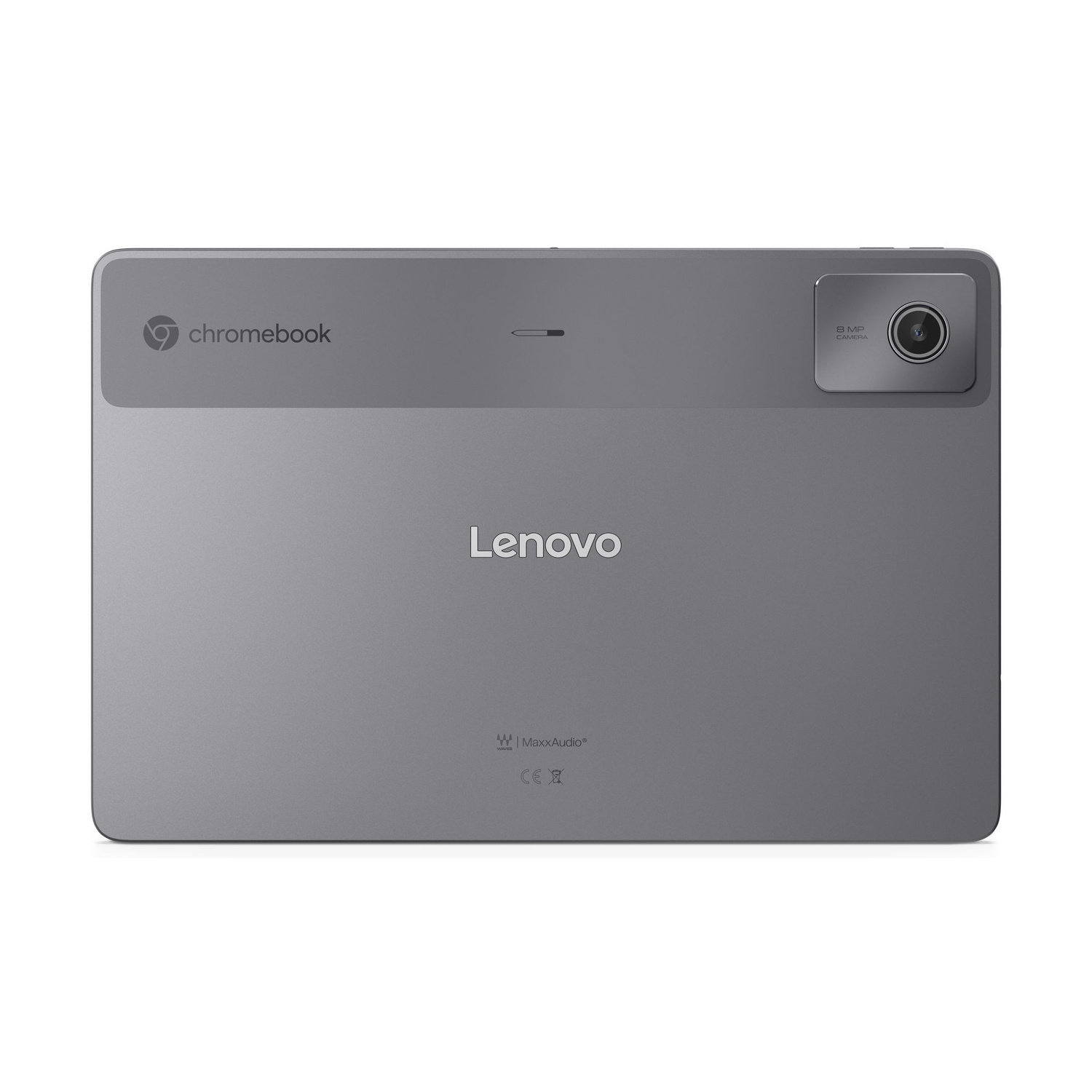 Retro di un tablet Lenovo Chromebook grigio con fotocamera da 8MP e logo 'Lenovo'.