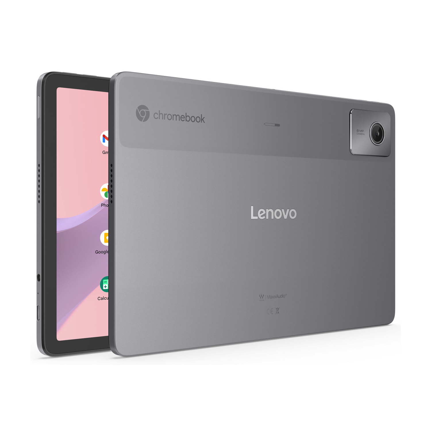 Un tablet Lenovo Chromebook grigio con fotocamera e logo Lenovo.