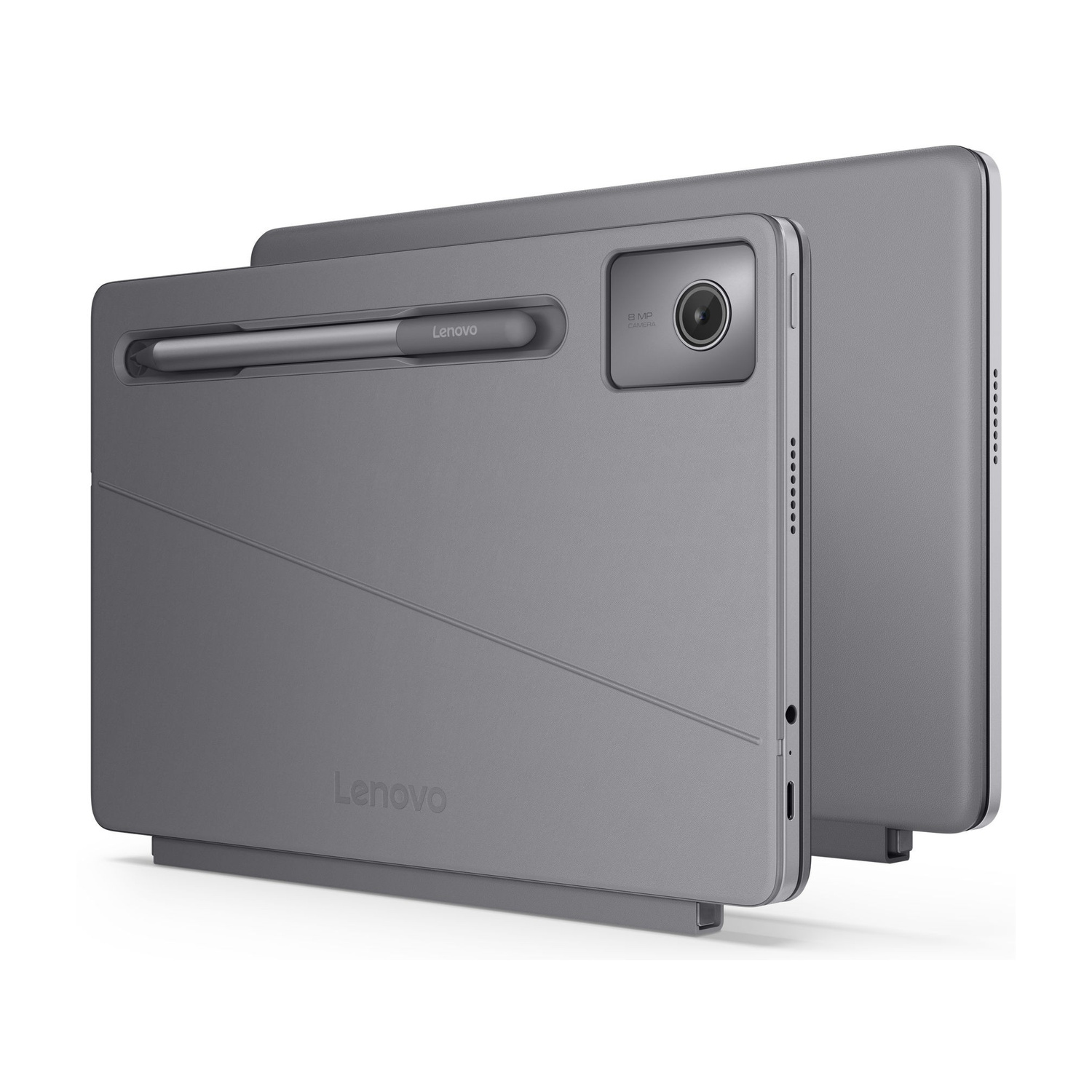 Tablet Lenovo grigio con porta stilo e fotocamera.
