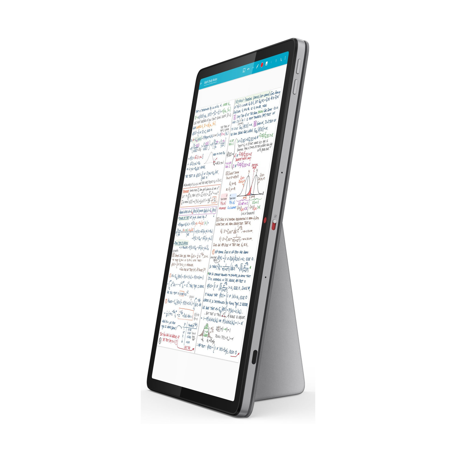 Un tablet che visualizza appunti e grafici matematici, con supporto.