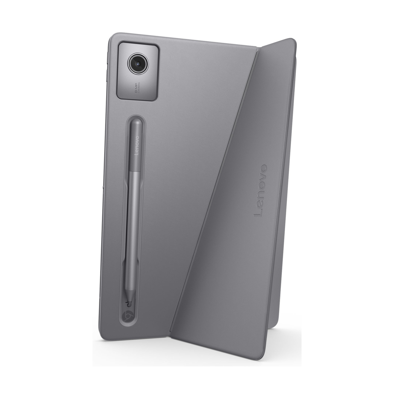 Tablet grigio con stilo e fotocamera. "Lenovo" è impresso sul retro.