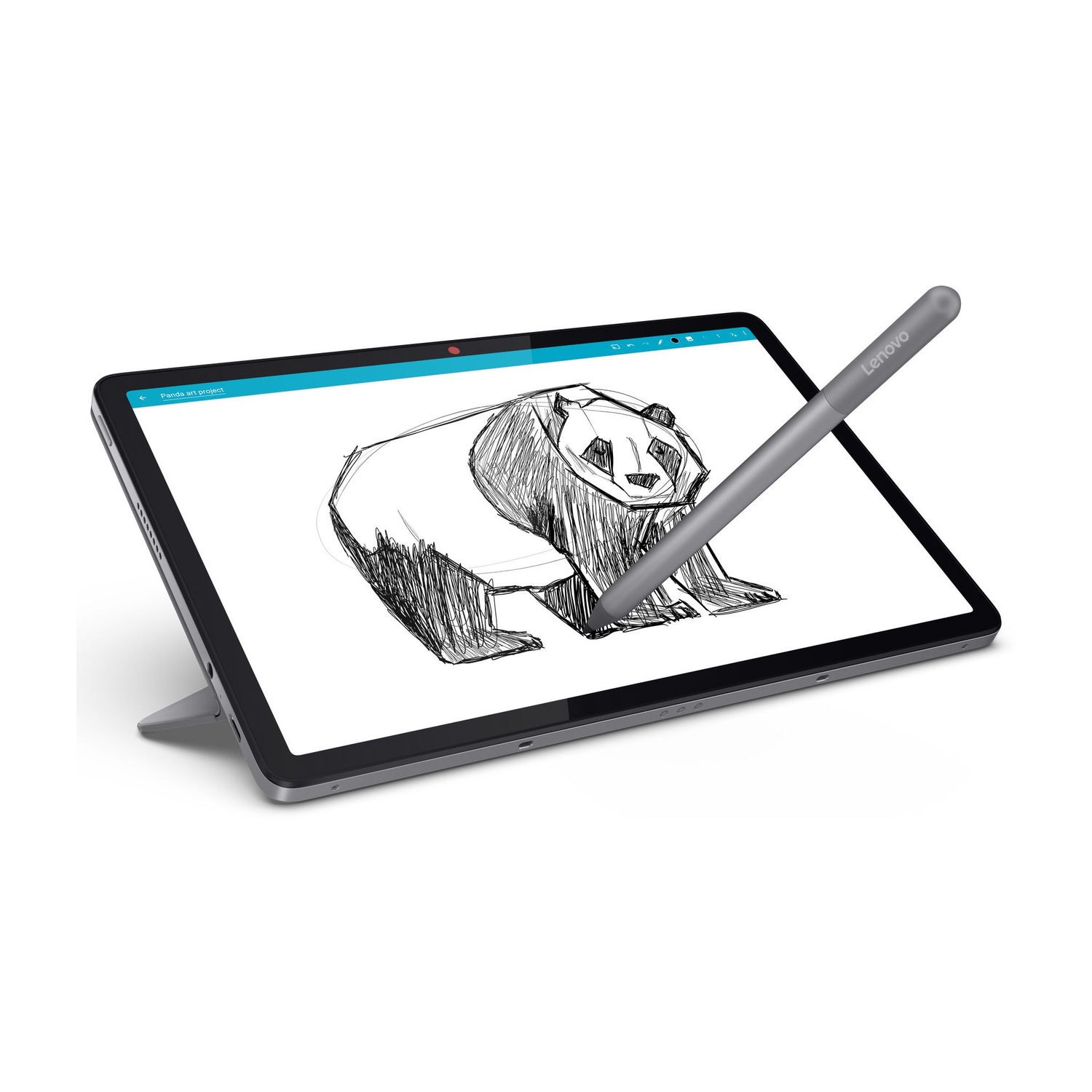 Un tablet con stilo disegna un panda. Lo schermo mostra uno schizzo.