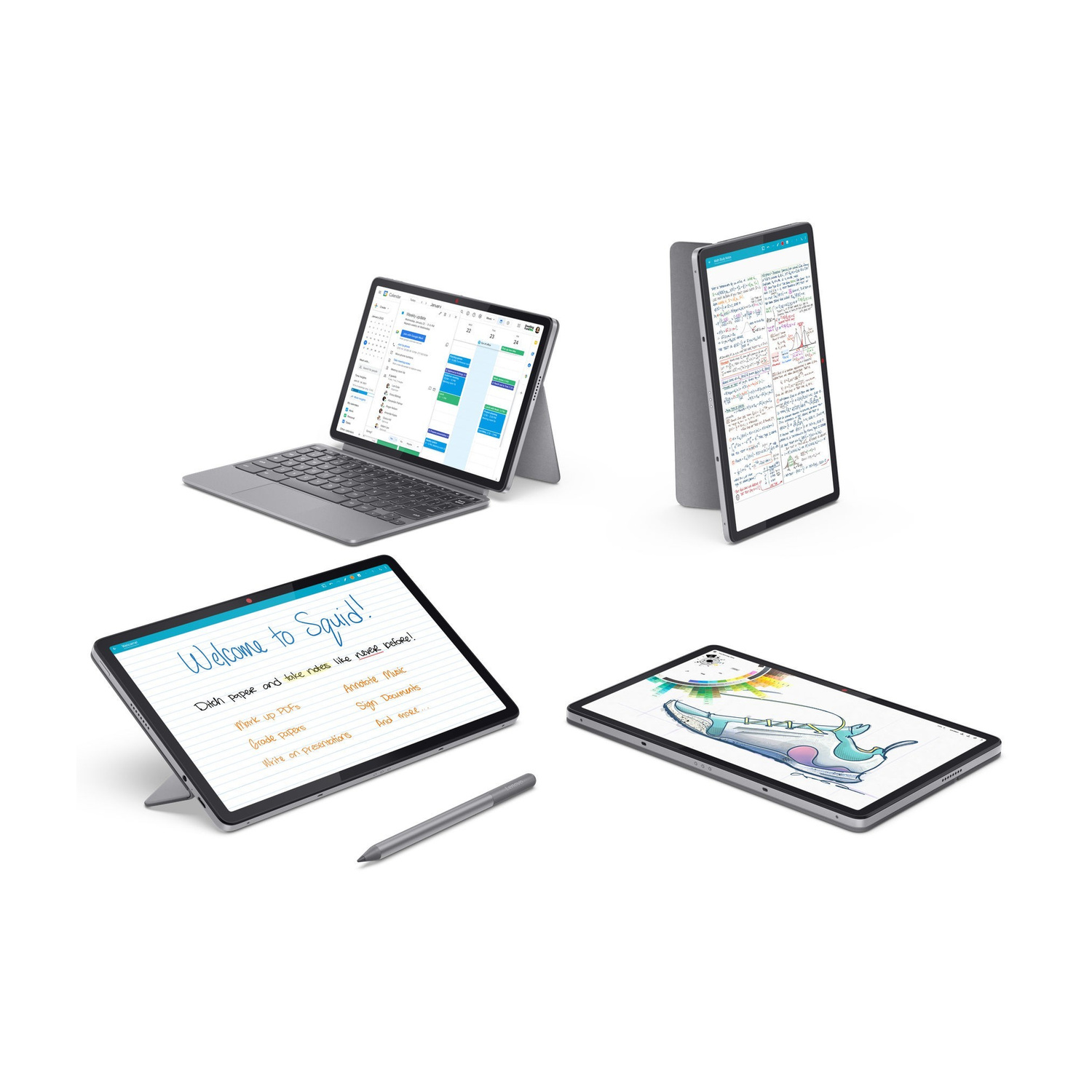 Tablet mostrano calendario, note, disegni e schizzo di scarpa.