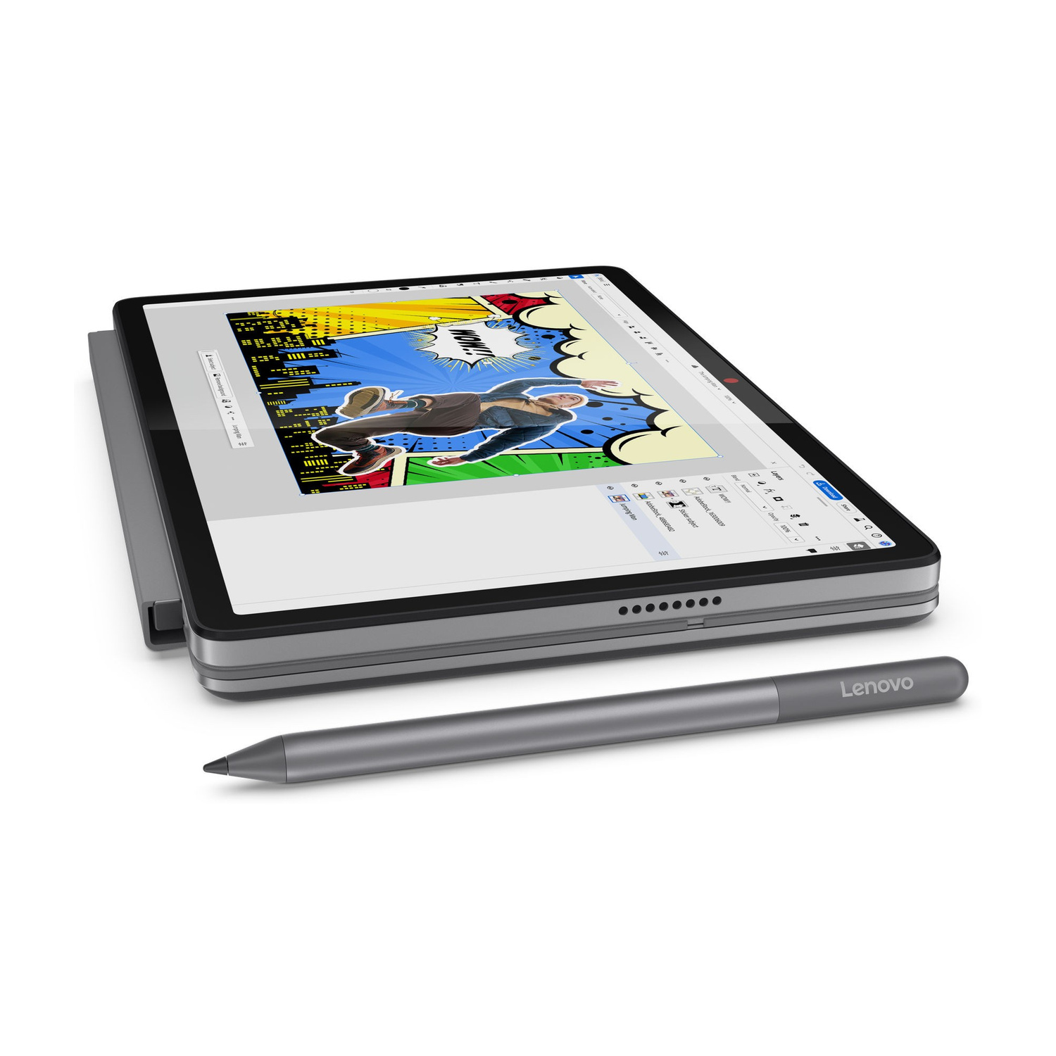 Un tablet con stilo riposa su sfondo bianco. Il tablet visualizza un'immagine a fumetti.