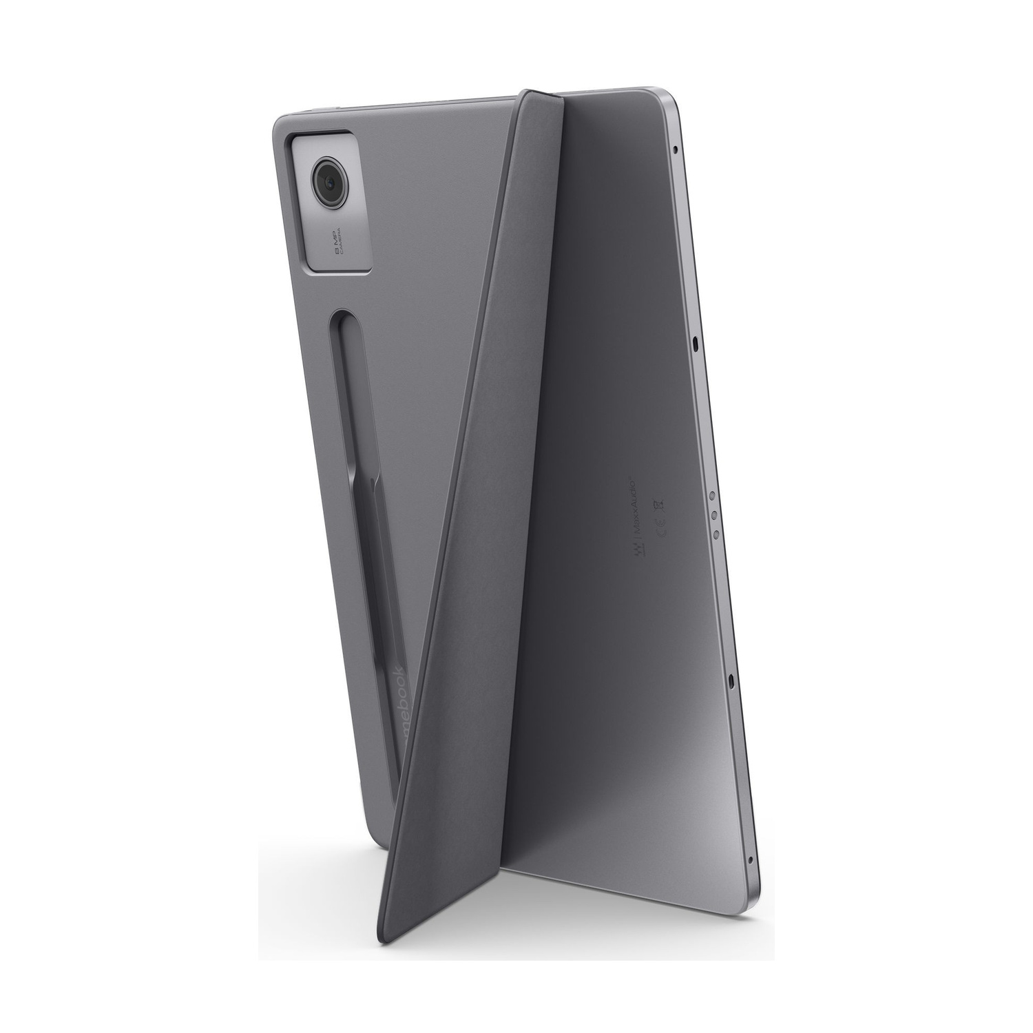 Tablet grigio con stilo e custodia sollevata, sfondo bianco.