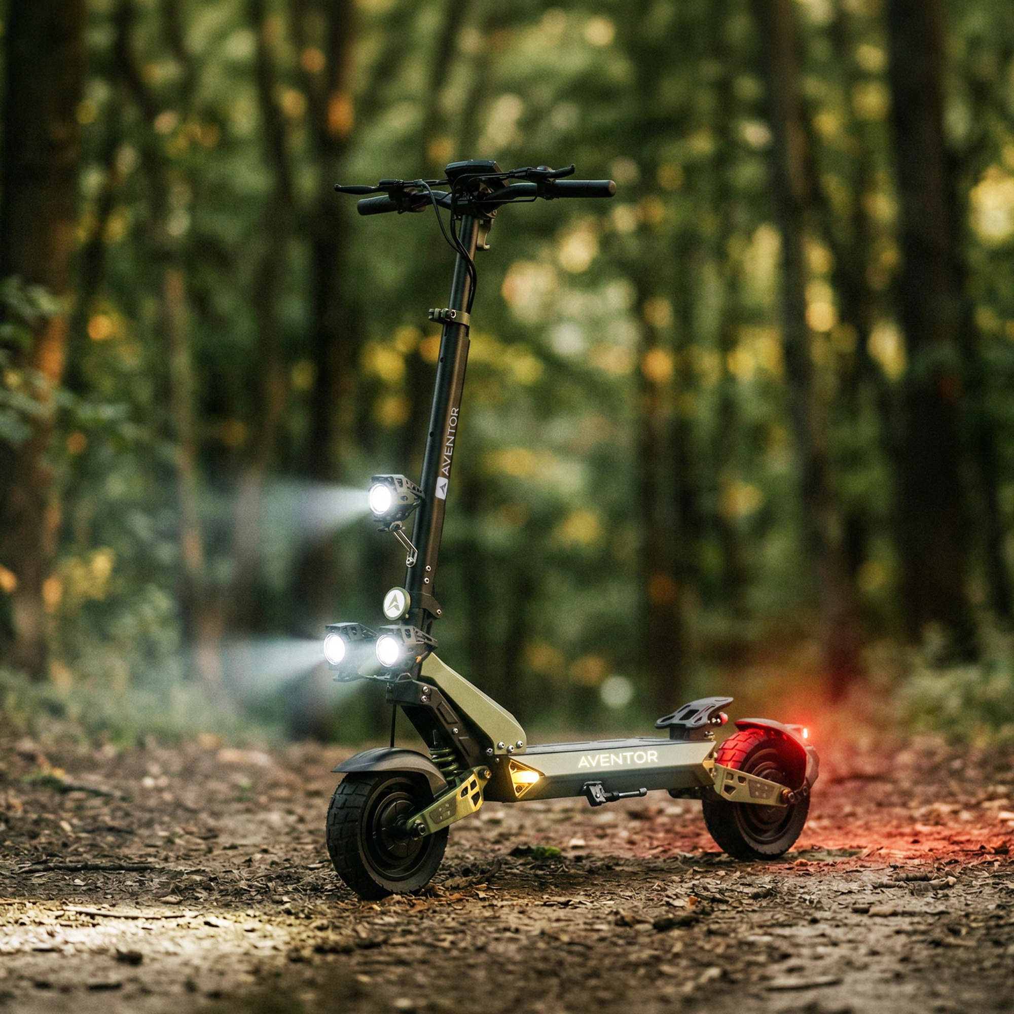 Işıklı yeşil e-scooter orman yolunda duruyor.