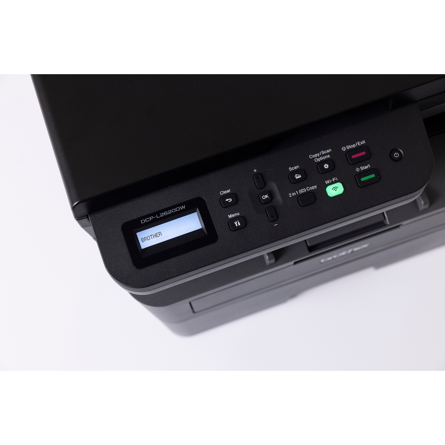 Una stampante Brother DCP-L2620DW nera con pannello di controllo e schermo LCD.