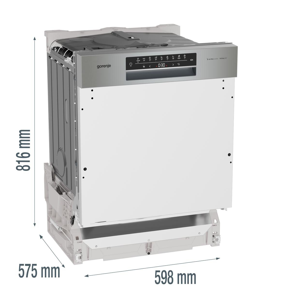 Eine weiße Gorenje-Spülmaschine mit silbernen Bedienelementen. Maße: 816 mm H, 575 mm T, 598 mm B.