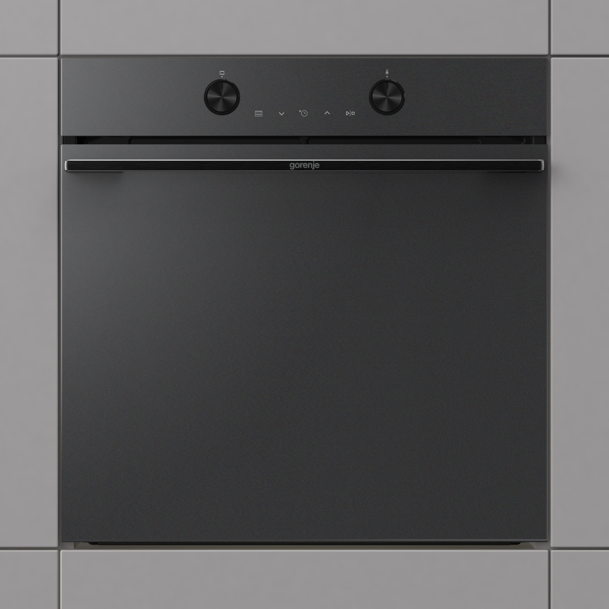 Egy fekete Gorenje beépített sütő ezüst fogantyúval és kezelőgombokkal.