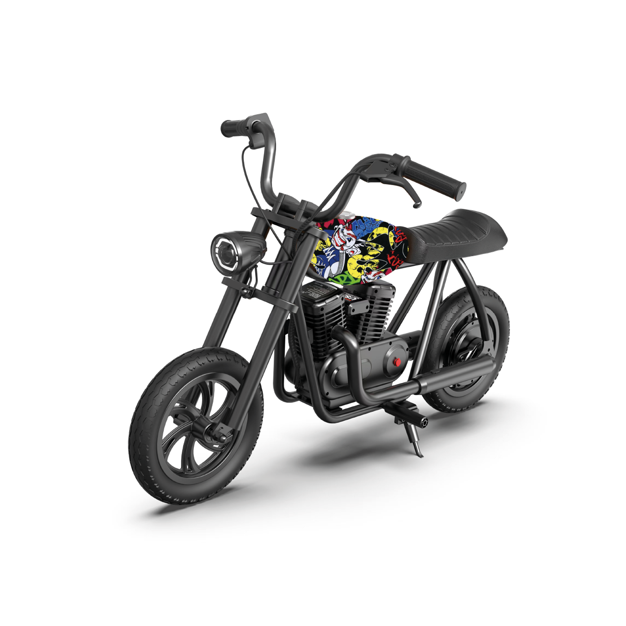Depoda renkli Joker grafiği ve krom vurgulara sahip siyah bir mini motosiklet.